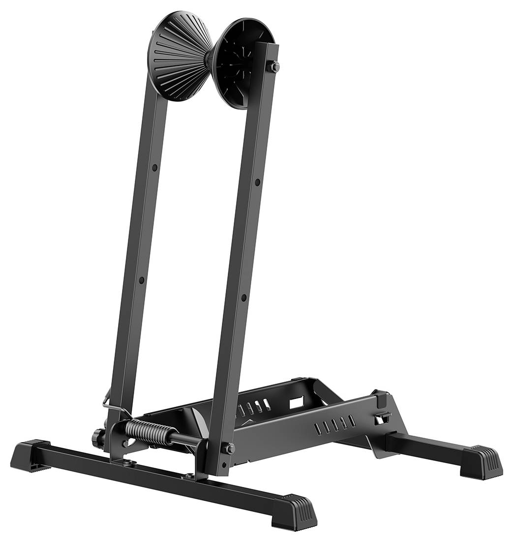 Ein schwarzer faltbarer Fahrradständer mit Radhalter und stabiler Basis, entworfen zur Lagerung und Wartung von Fahrrädern im Innenbereich.