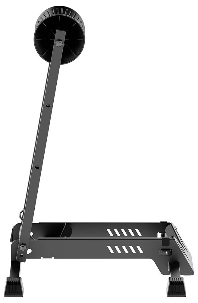 Schwarzer Metallständer mit kreisförmiger Oberflächenunterstützung und belüfteter Basis, konstruiert zum Montieren oder Halten von elektronischen Geräten.