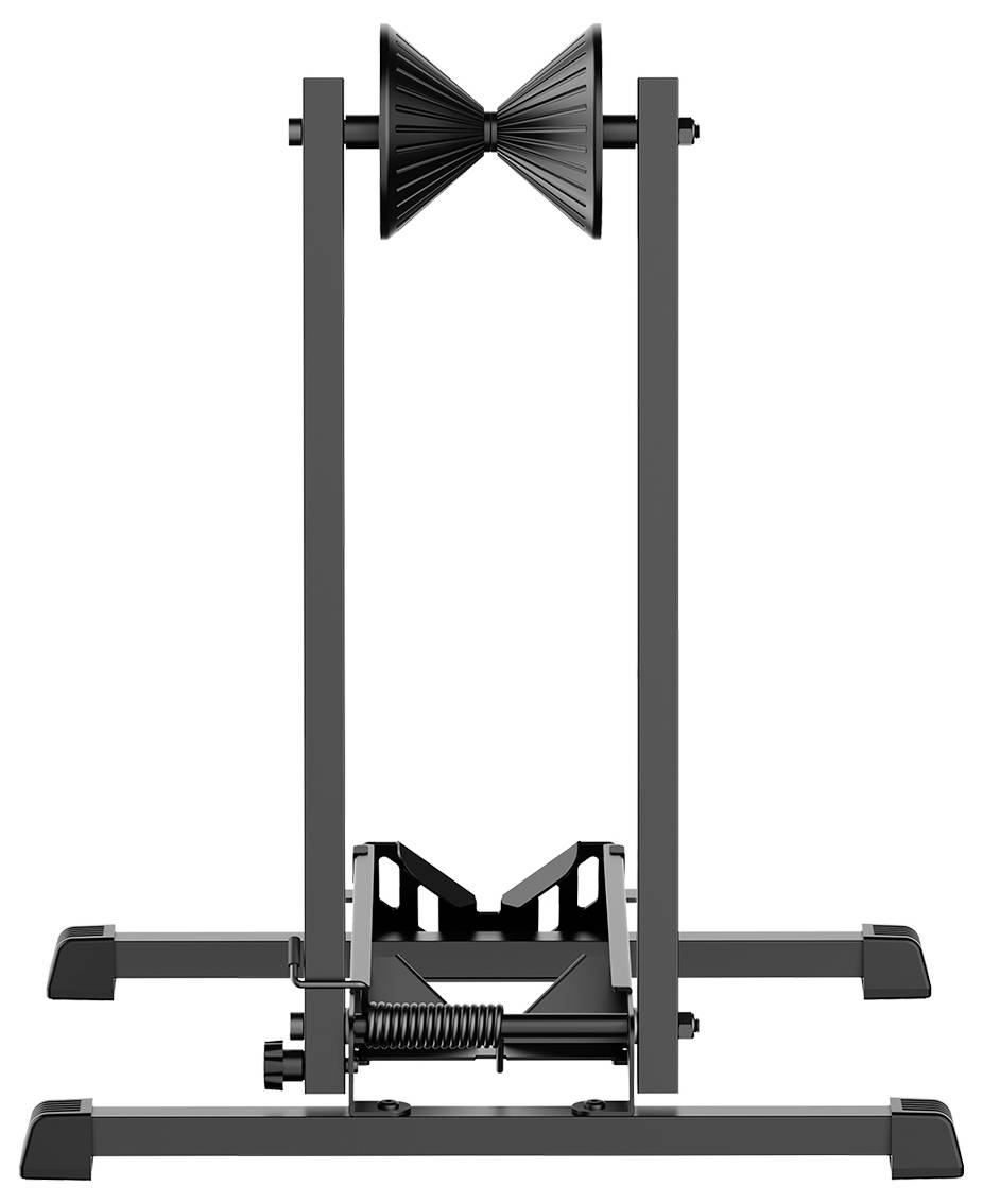 Ein Fahrrad-Reparaturständer aus Metall mit schwarzem Rahmen, ausgestattet mit einer federgespannten Klammer an der Basis und verstellbaren Stützarmen an der Oberseite.