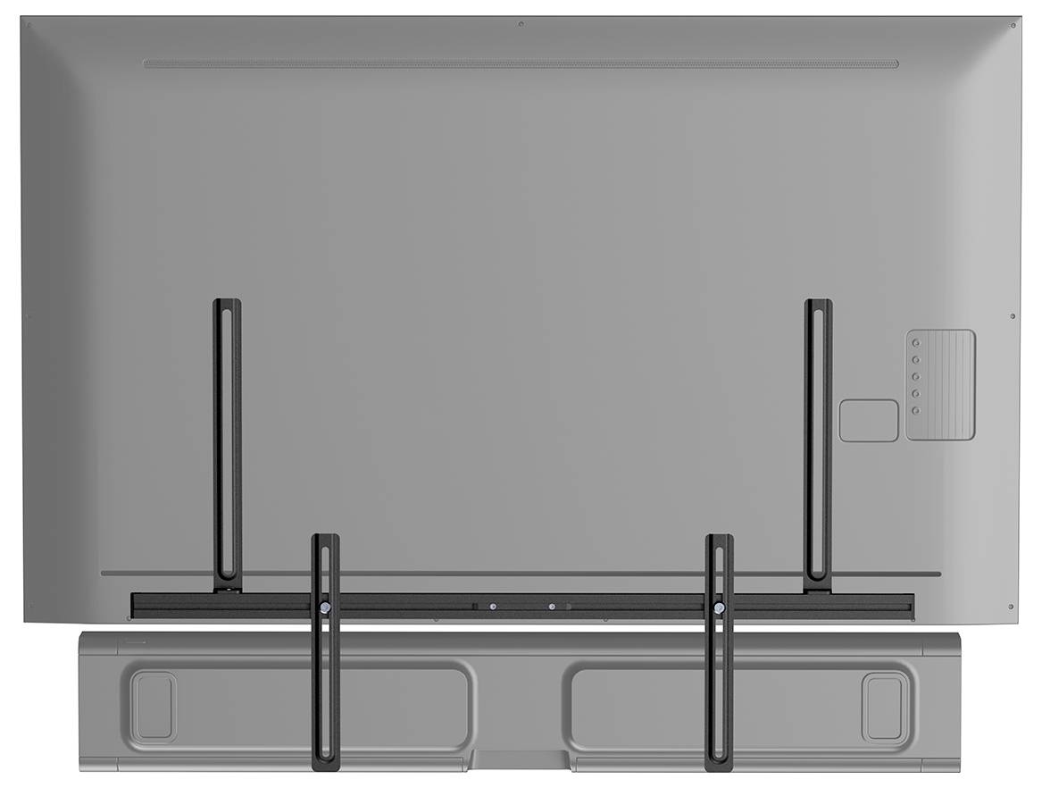 Rückansicht eines Flachbild-Fernsehers mit einer darunter montierten Soundbar, die Halterungen und Anschlussanschlüsse am Fernseher zeigt.