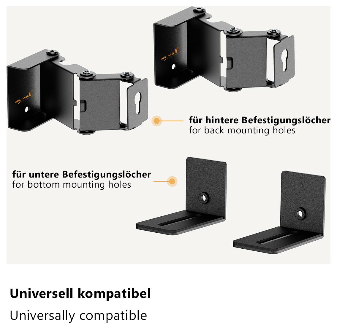 Zwei schwarze L-förmige Halterungen mit Beschriftungen: „für hintere Befestigungslöcher