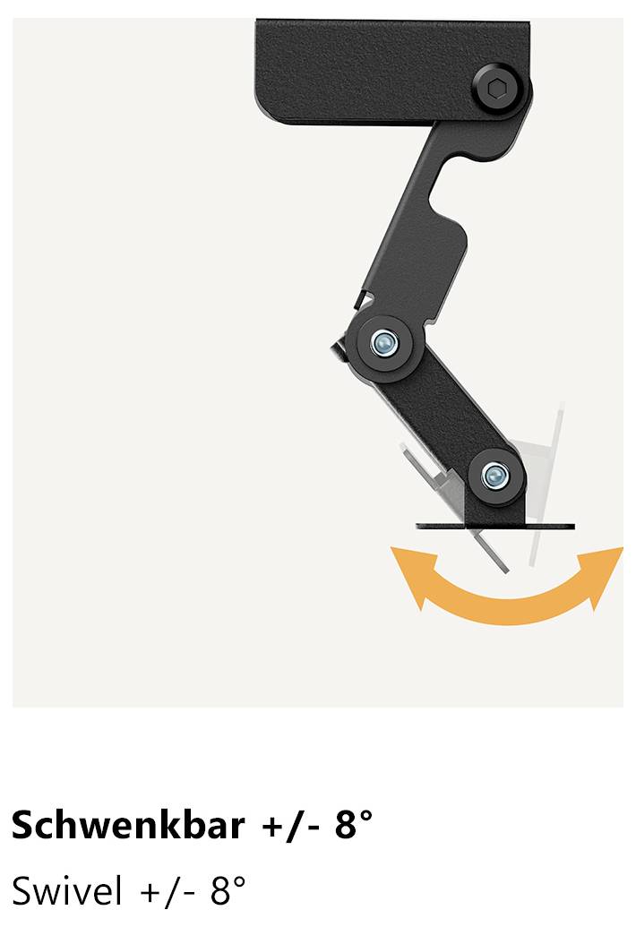 'Schwenkbar +/- 8°': Ein verstellbarer Mechanismus, der einen Schwenkbereich von 8 Grad mit einer Darstellung einer Schwenkbewegung zeigt.