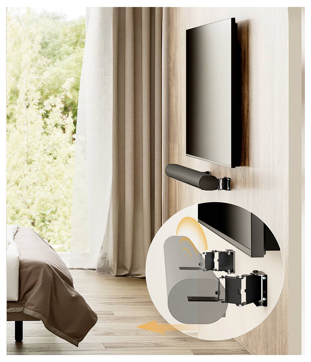 Wandmontierter Fernseher mit drehbarem Halterung in einem modernen Zimmer, das verstellbare Betrachtungswinkel demonstriert.