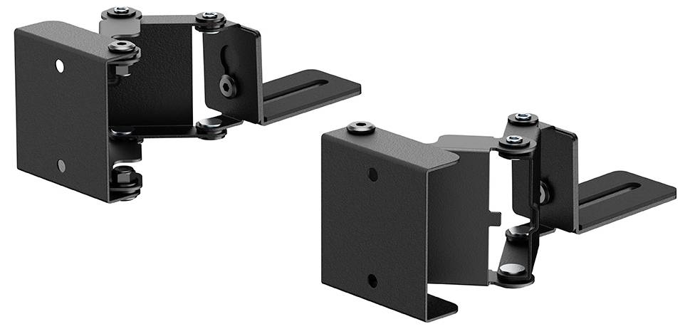 Zwei schwarze Metallmontagewinkel mit verstellbaren Komponenten, jeweils mit einer vertikalen Platte und mehreren Bolzen zur Befestigung.