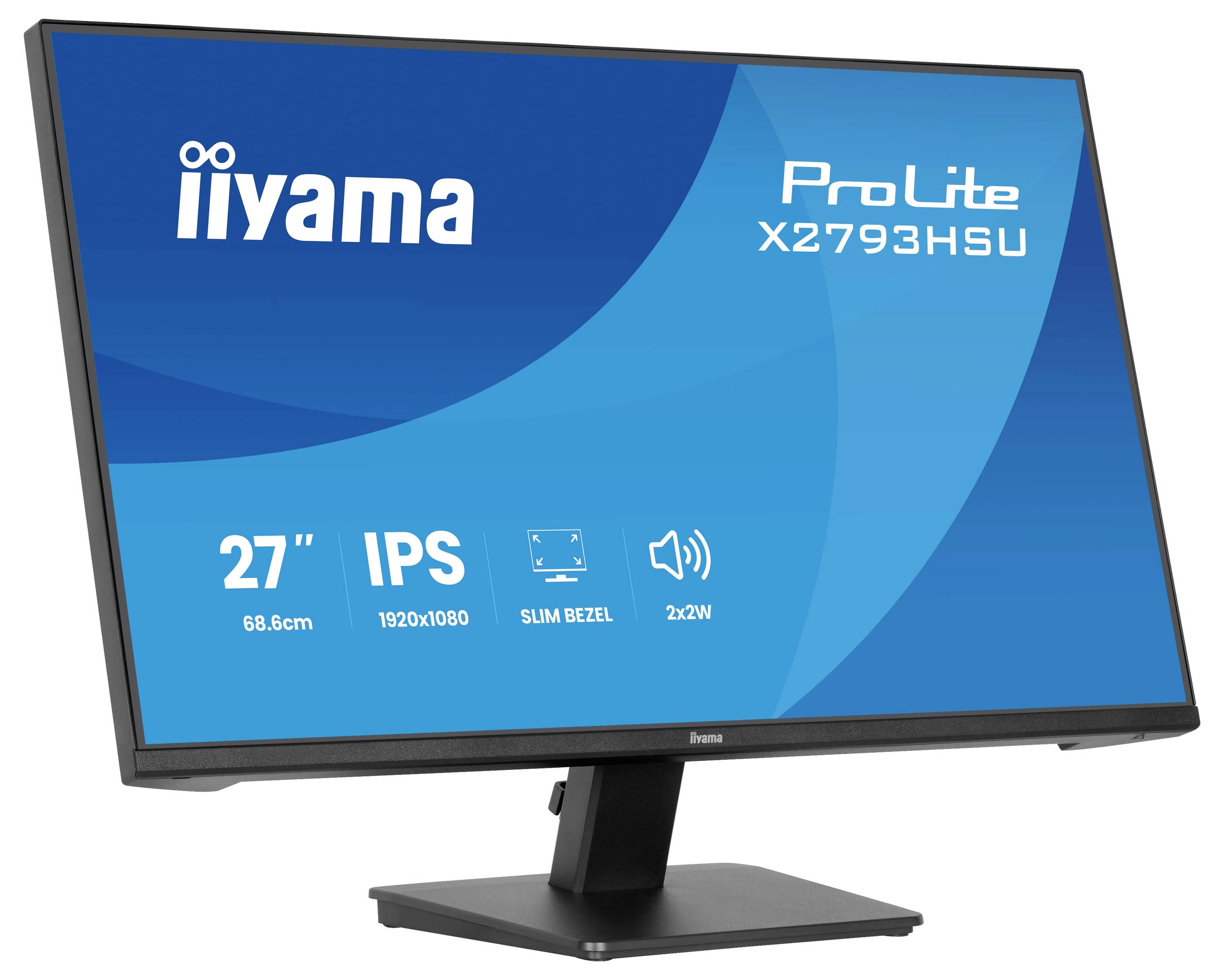 Ein 27-Zoll-iiyama ProLite X2793HSU-Monitor mit Spezifikationen: 68,6 cm, IPS, 1920x1080, schmales Rahmen, 2x2W-Lautsprecher.