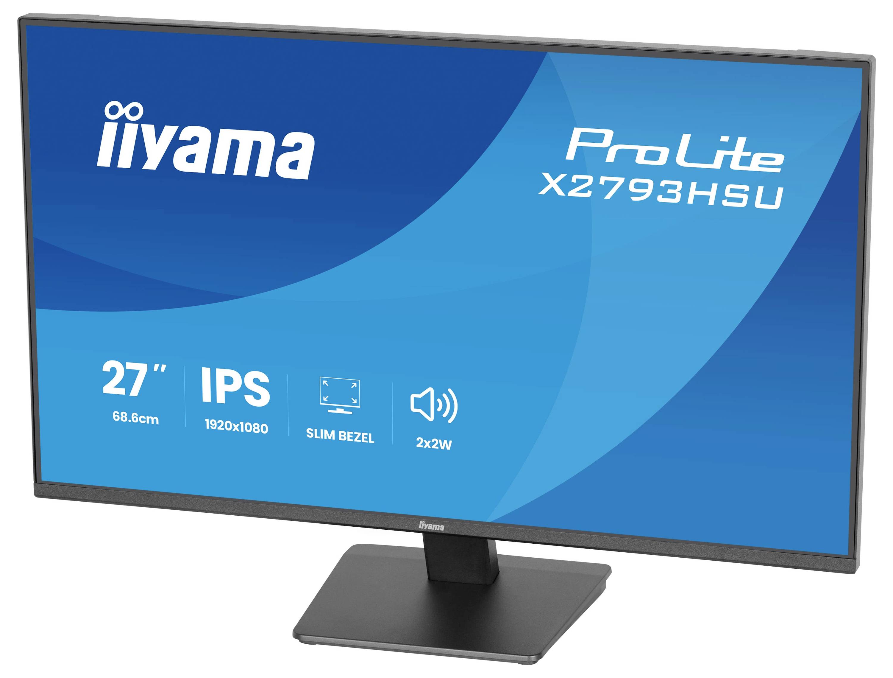 Das Bild zeigt einen Iiyama ProLite X2793HSU Monitor mit einem 27-Zoll-IPS-Display, 1920x1080-Auflösung, schmalem Rahmen und 2x2W-Lautsprechern.