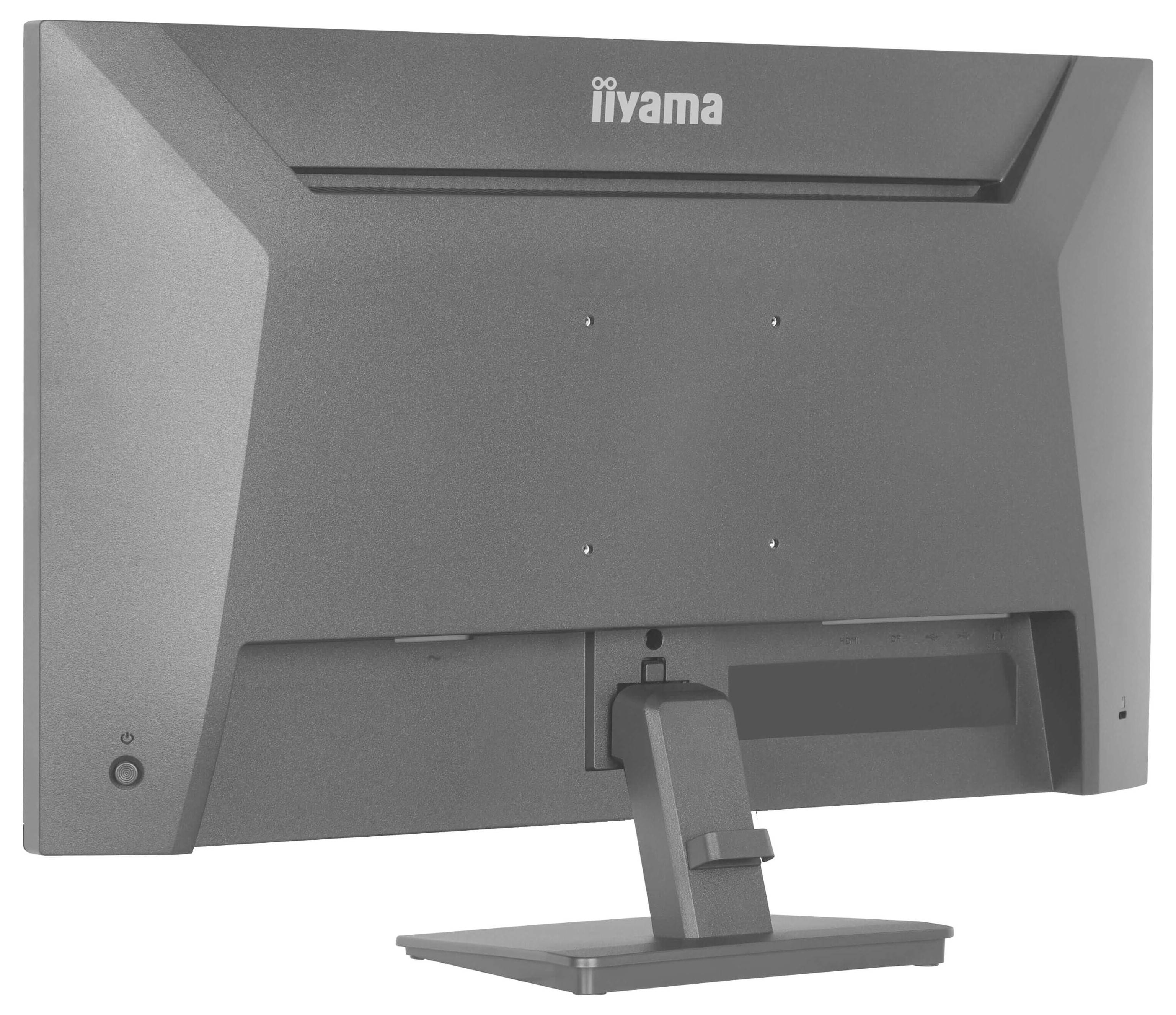 Rückansicht eines iiyama-Computermonitors mit rechteckigem Sockel und zentralem Ständer. Das Rückenpanel hat ein minimalistisches Design.
