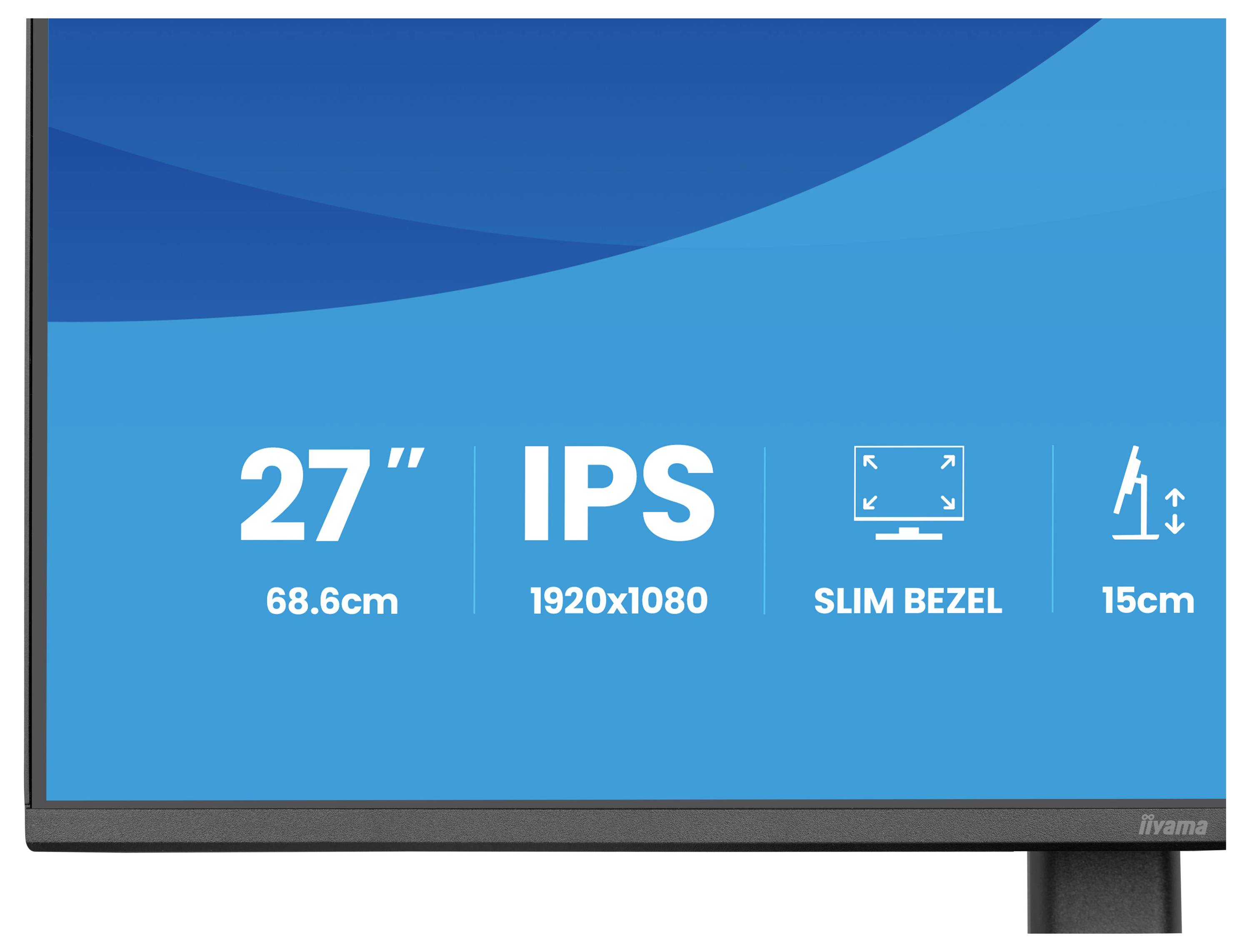 Frontansicht eines 27-Zoll-Monitors mit IPS-Display, 1920x1080-Auflösung, schmalem Rahmen und einem 15 cm höhenverstellbaren Ständer.