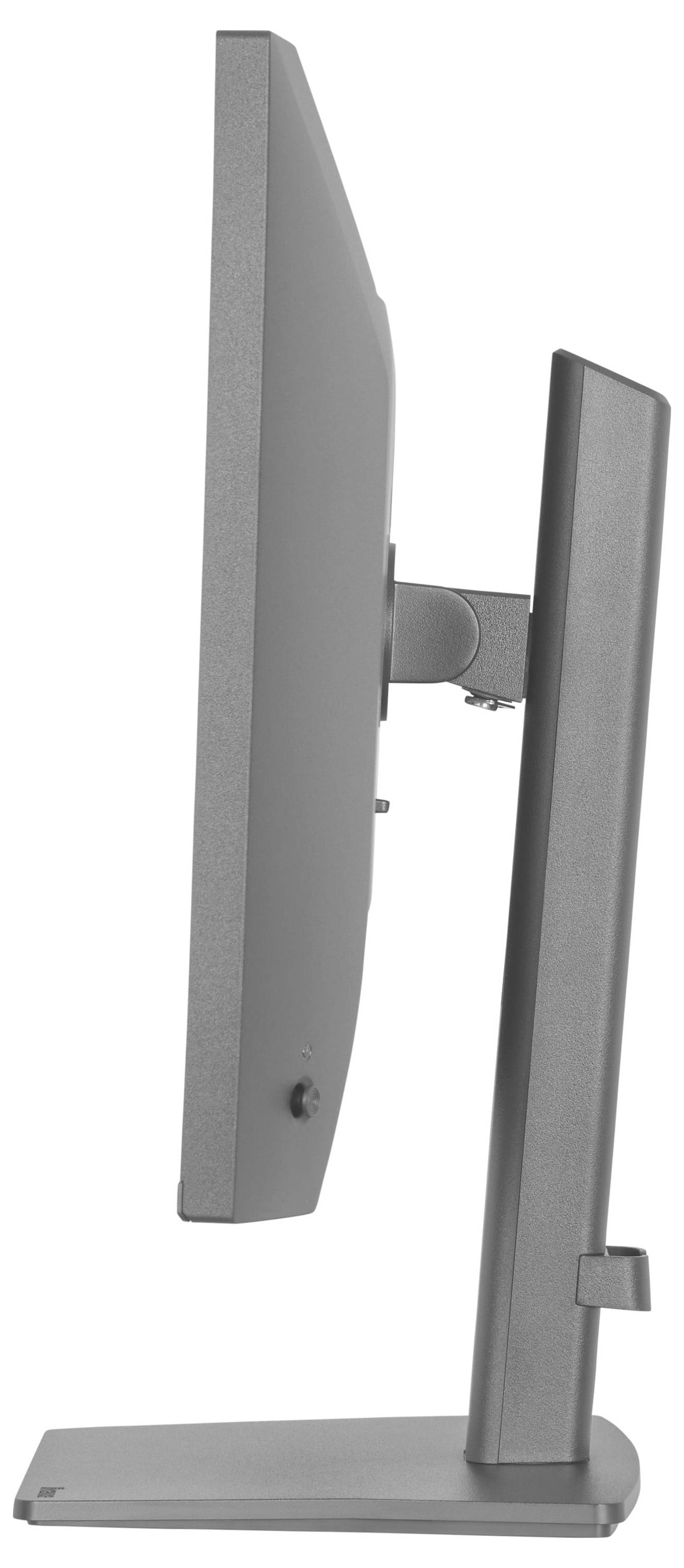 Ein rechteckiges schwarzes elektronisches Gerät von hinten betrachtet, das Belüftungsschlitze, vier Schraubenlöcher und Bedienungstasten auf der unteren linken Seite zeigt.