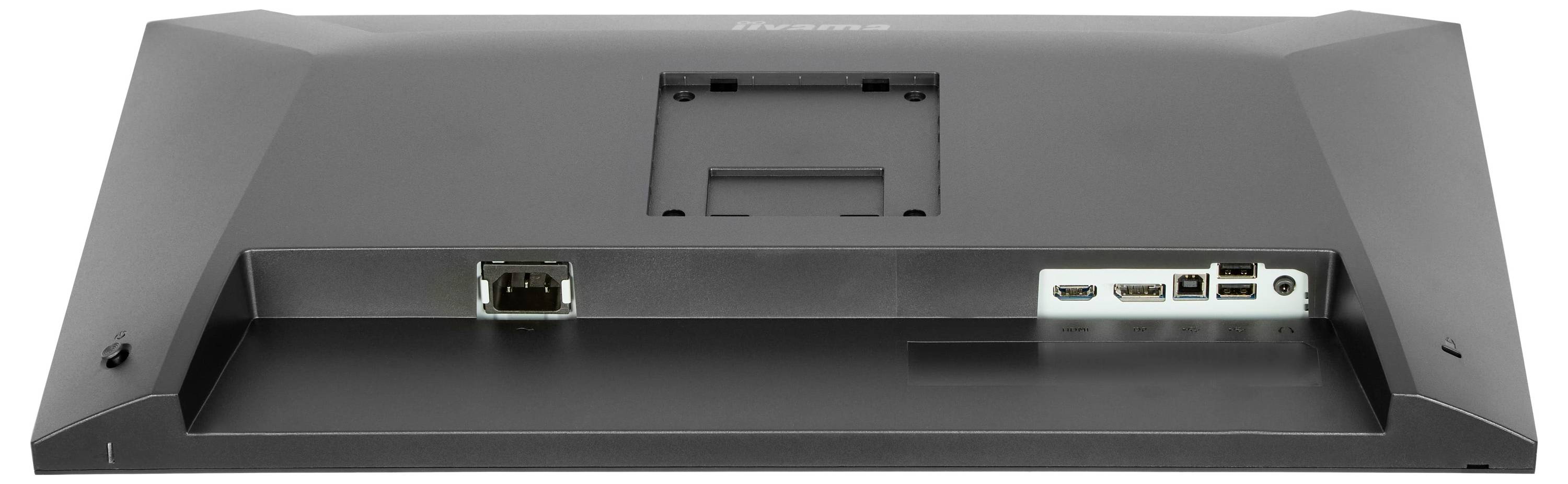 Das Bild zeigt die Rückseite eines Monitors mit verschiedenen Anschlussports, einschließlich HDMI, USB und Stromeingang.