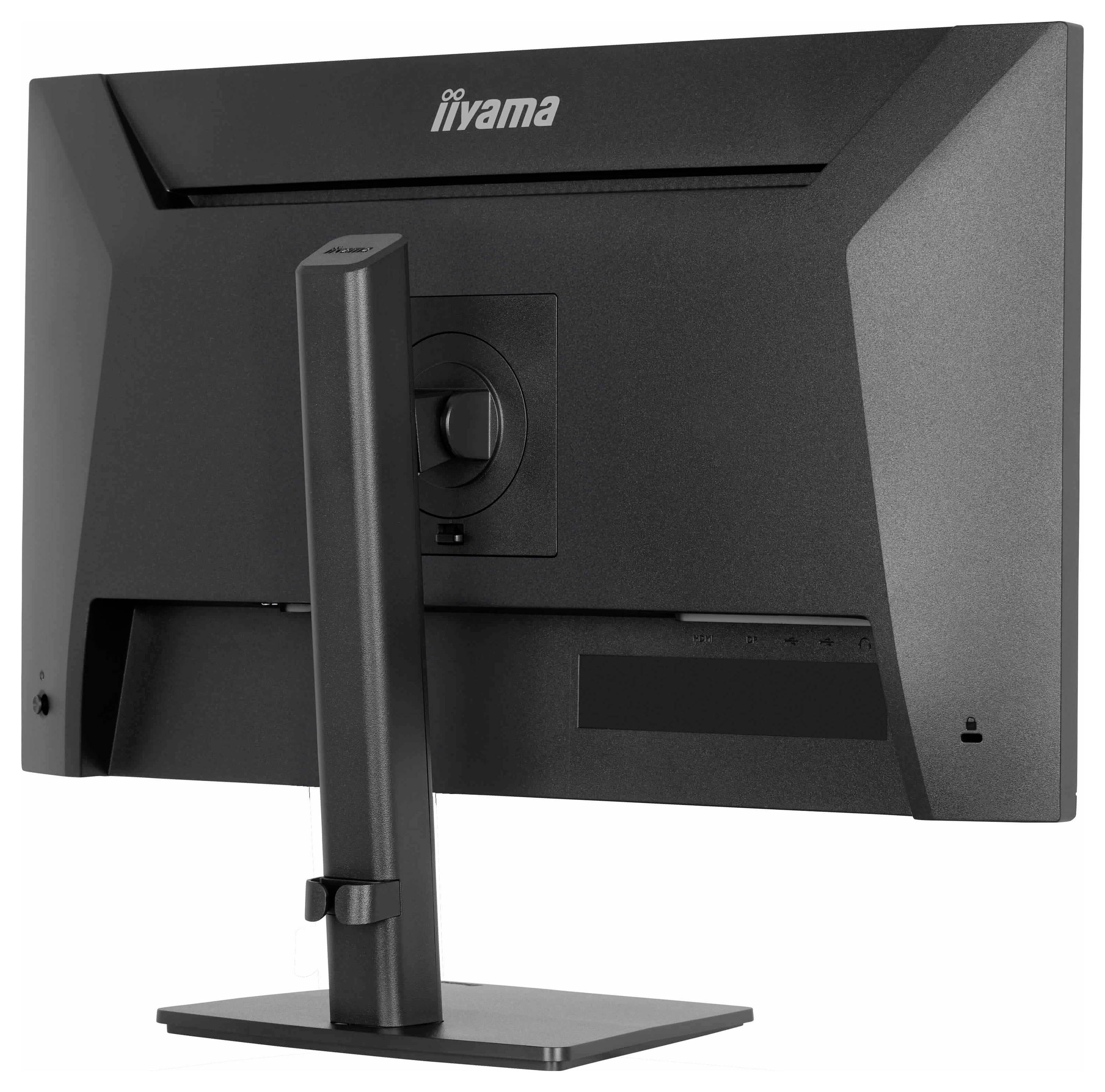Ein schwarzer iiyama-Computermonitor von hinten betrachtet, der seinen Standfuß und verschiedene Anschlussanschlüsse zeigt.