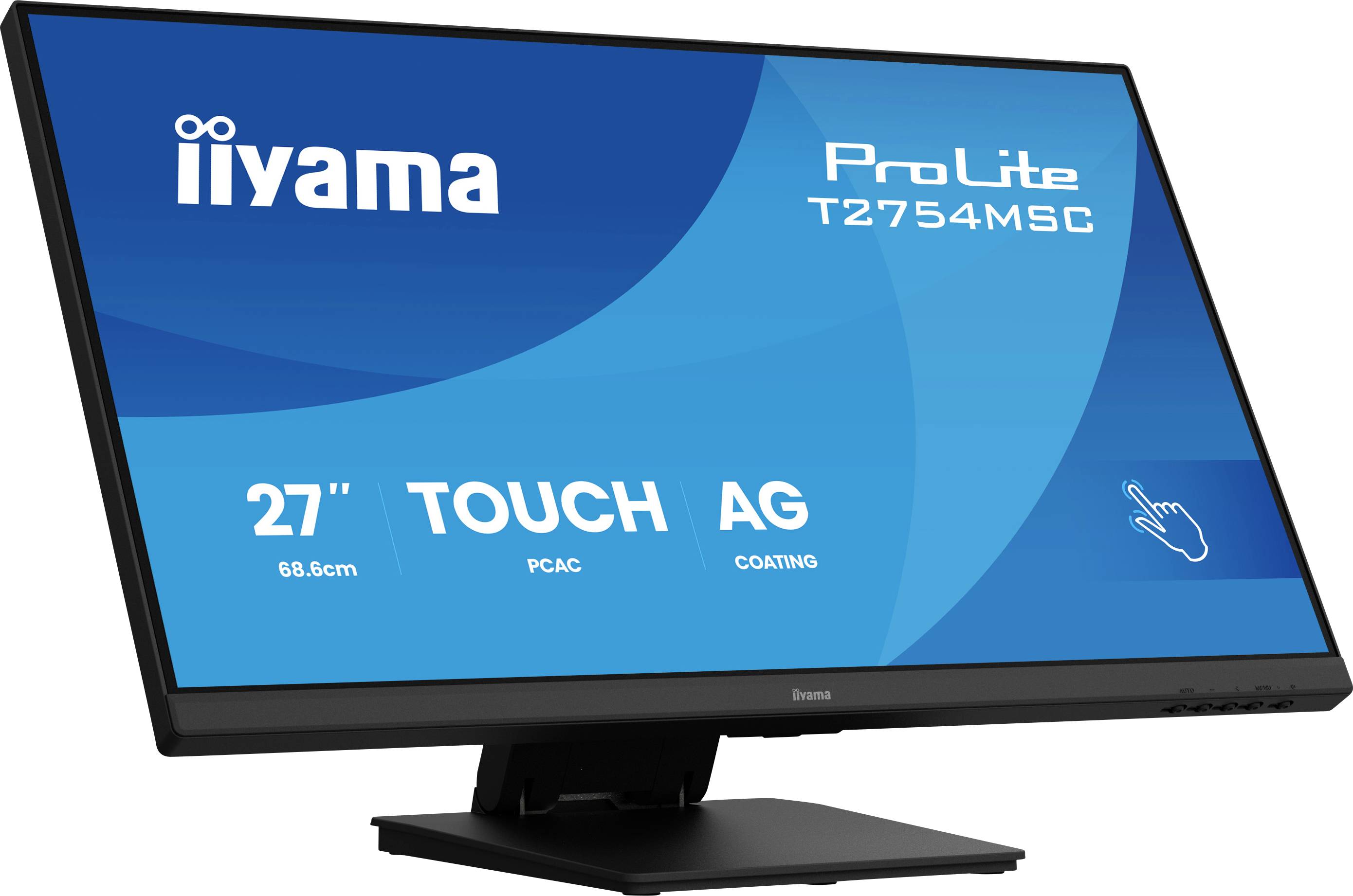 Das Bild zeigt einen iiyama ProLite T2754MSC Monitor mit einem 27-Zoll Touchscreen, AG-Beschichtung und PCAC-Technologie, der im Winkel angezeigt wird.