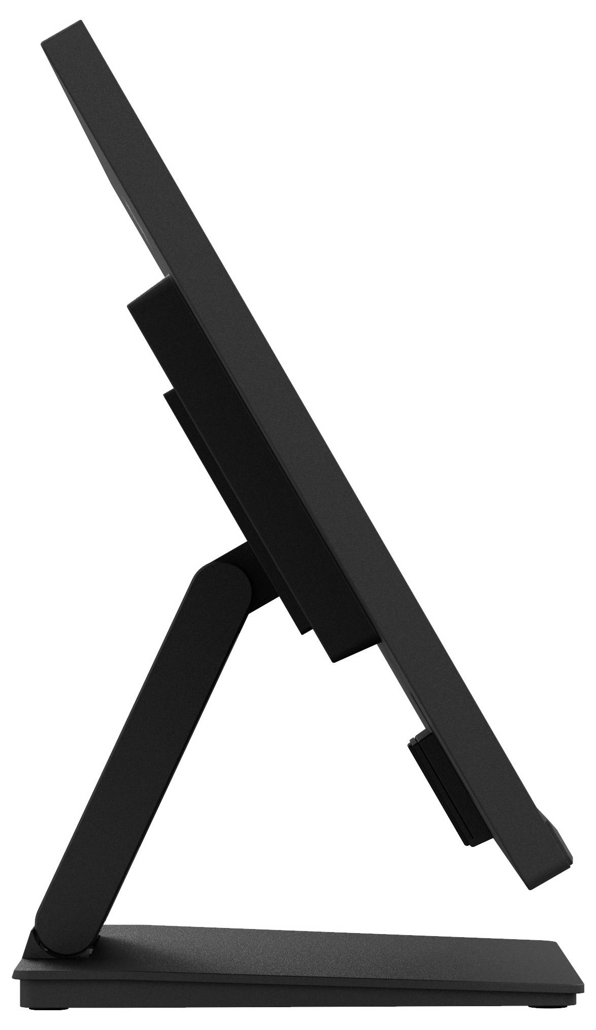 „Eleganter schwarzer Computermonitor in Profilansicht, der seinen verstellbaren Ständer zeigt. Der Bildschirm ist nach hinten geneigt und hebt sein schlankes Design hervor.