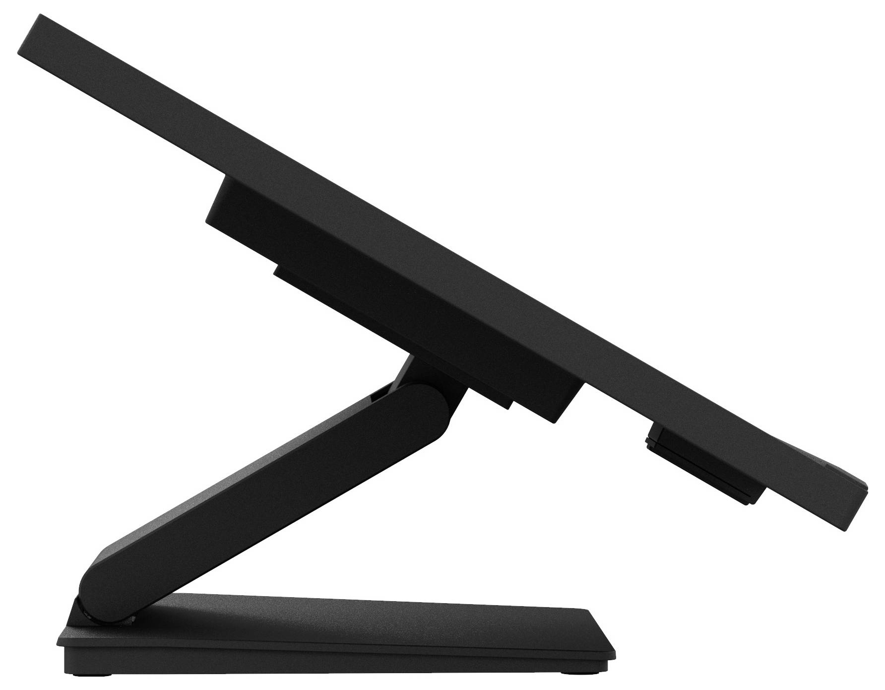 Seitenansicht eines digitalen Zeichentabletts auf einem verstellbaren Ständer, in einem Winkel geneigt, entworfen für ergonomische Nutzung und kreative Arbeit.