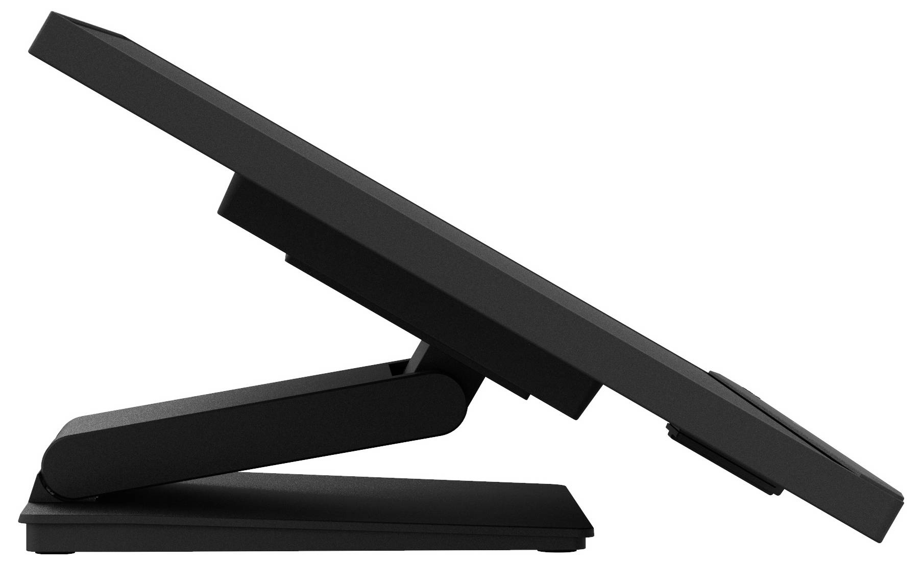 Seitenansicht eines kippbaren Monitorständers, der ein verstellbares Display mit ergonomischen Betrachtungswinkeln zeigt.