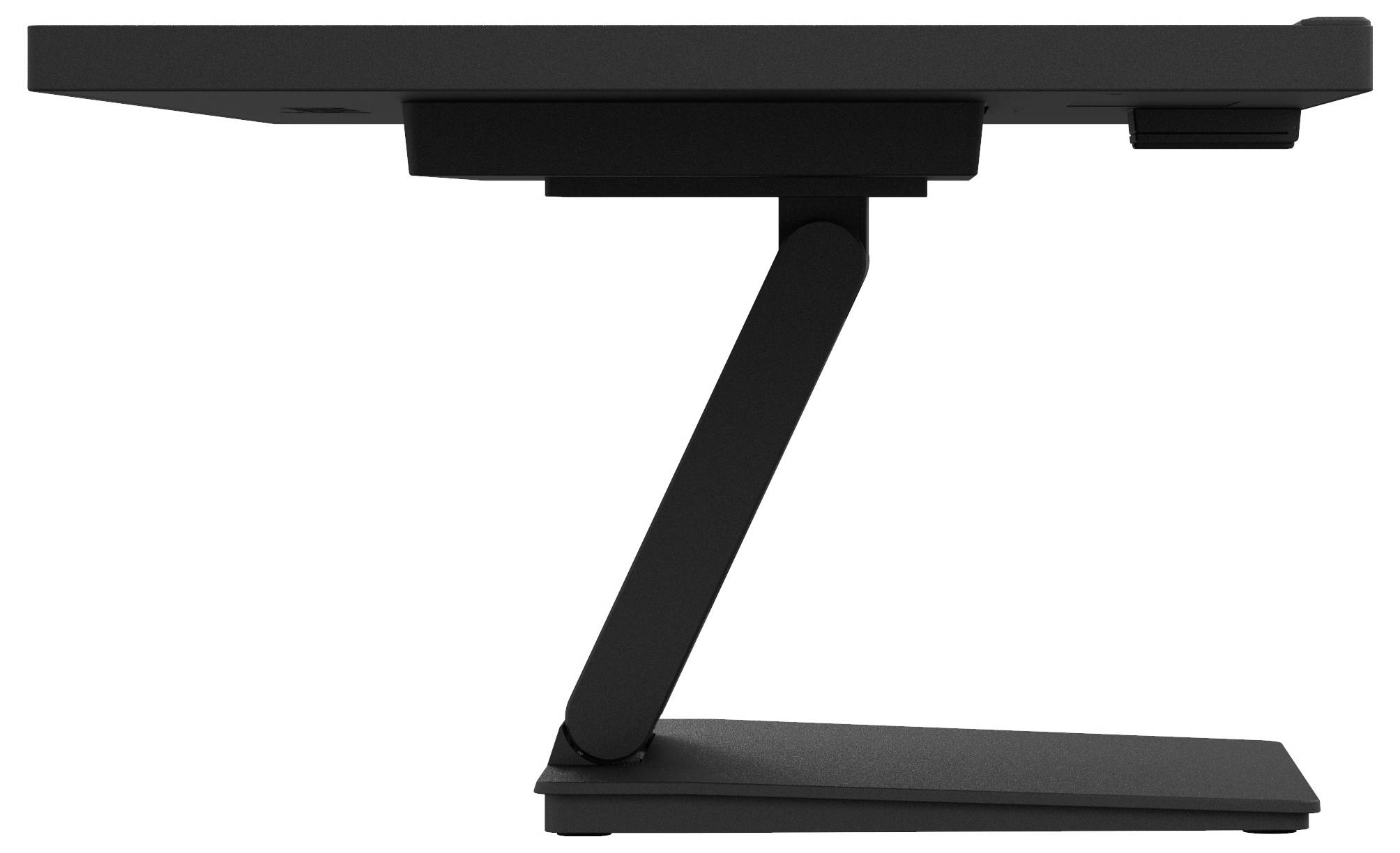 Seitenansicht eines schwarzen Monitors mit einem Z-förmigen Ständer, der sein schlankes Design und die Höhenverstellungsfunktion zeigt.