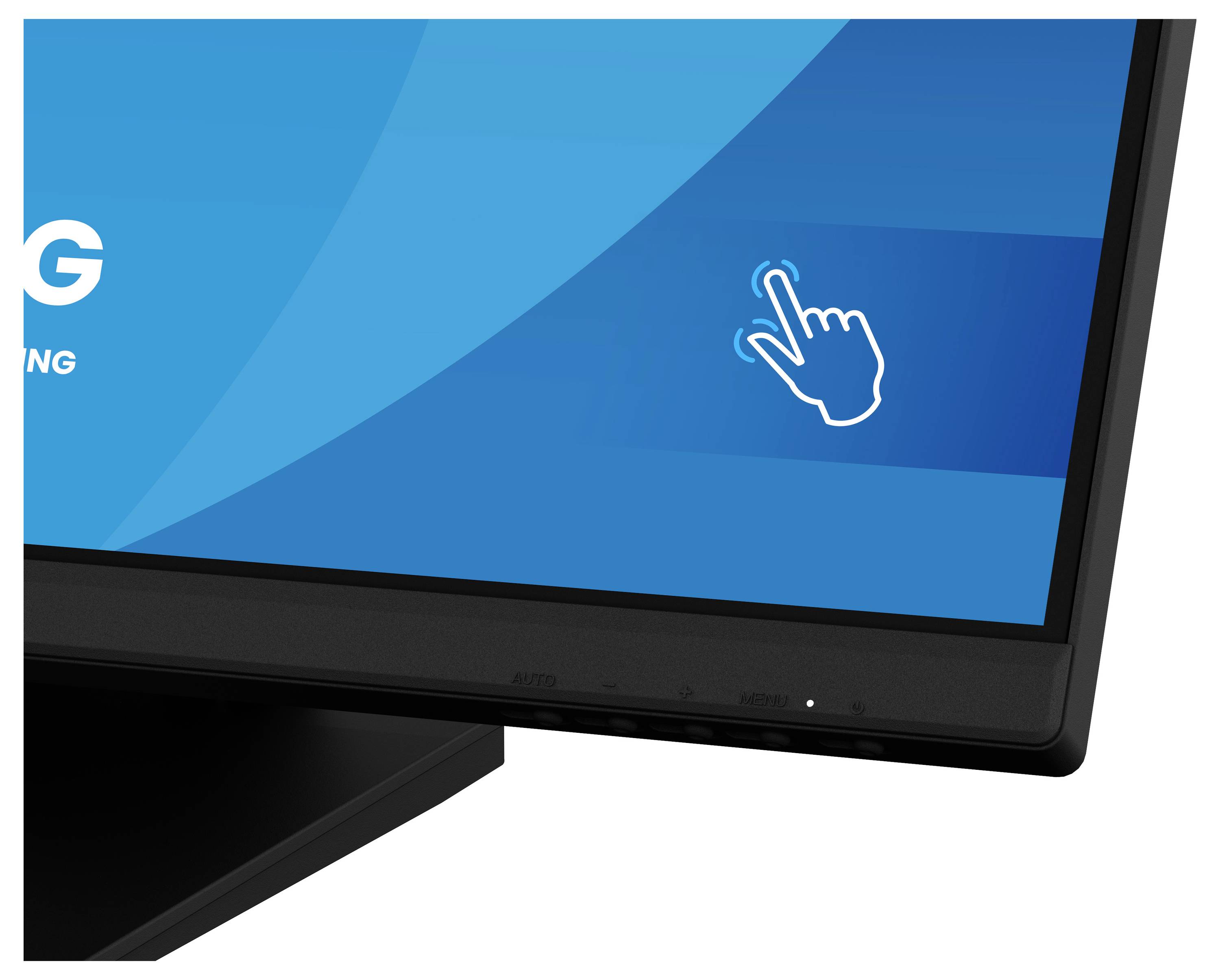 Ein schwarzer Computermonitor mit einem blauen Bildschirm, auf dem ein weißes Handsymbol tippt, was auf eine Touchscreen-Funktion hindeutet.