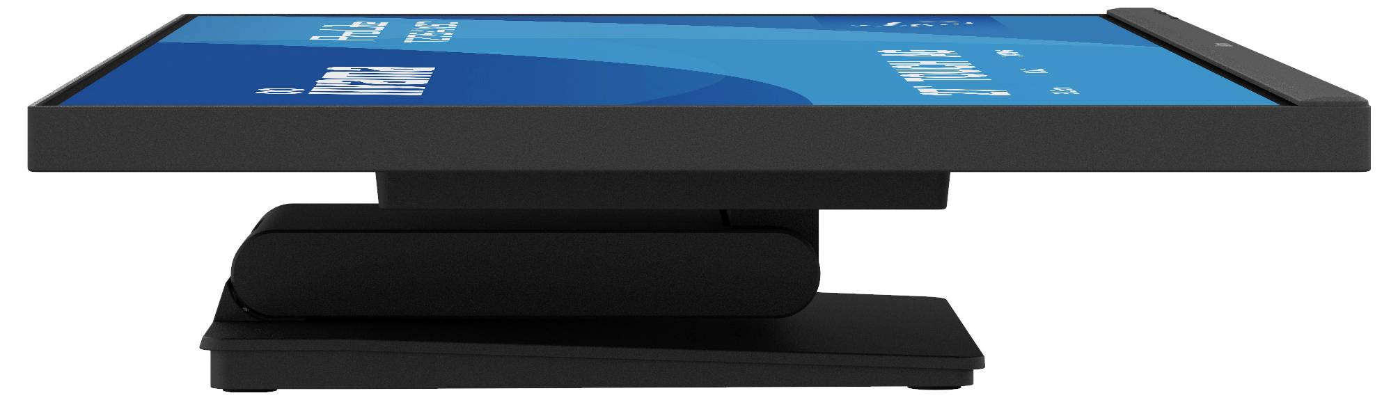 Ein eleganter, schwarzer Flachbildschirm-Monitor mit einem modernen verstellbaren Ständer, von der Seite betrachtet, zeigt eine blaue Benutzeroberfläche auf dem Bildschirm.