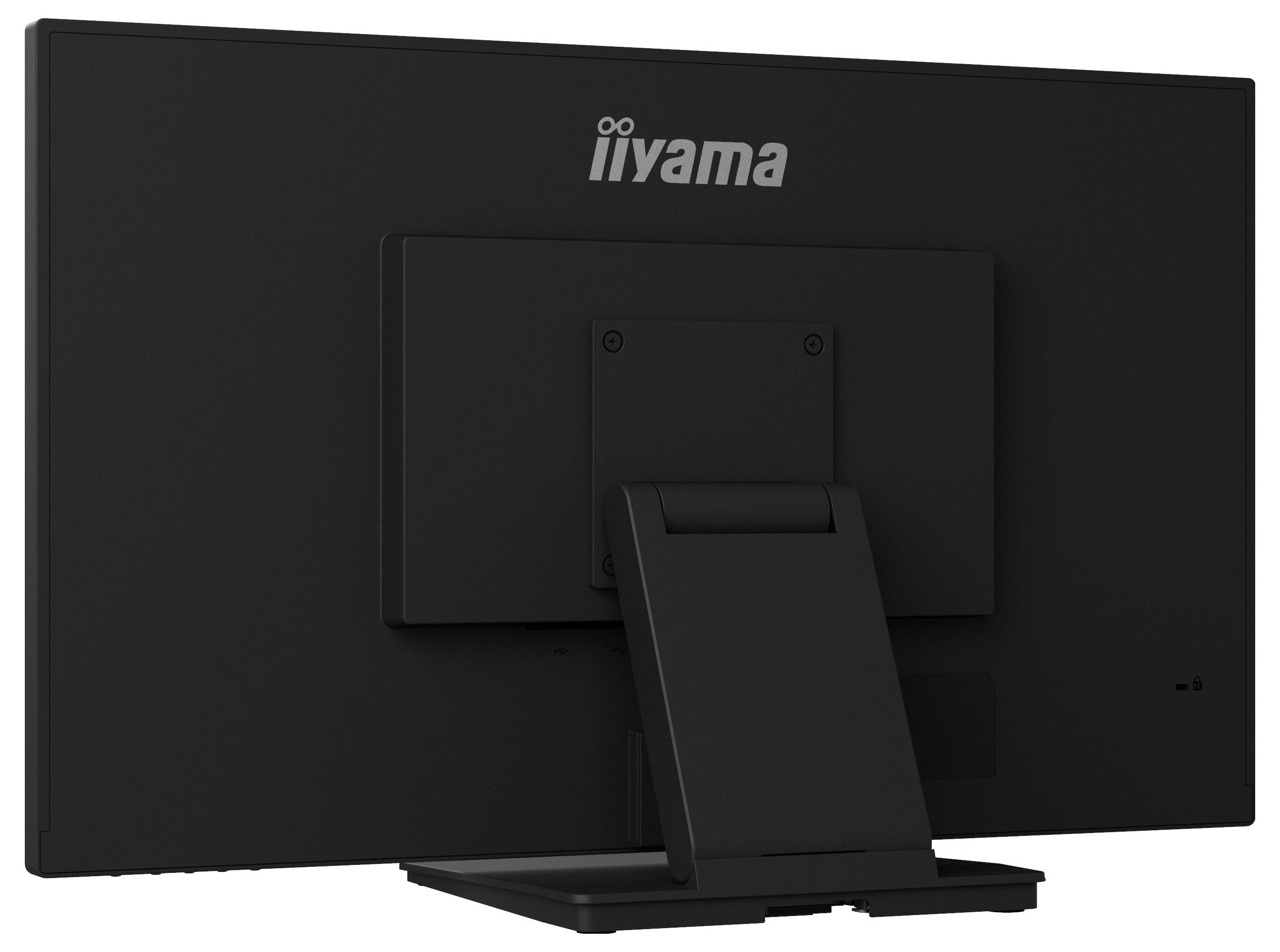Ein schwarzer Iiyama-Computermonitor von hinten betrachtet, der den Ständer und die Details der Rückseite zeigt.