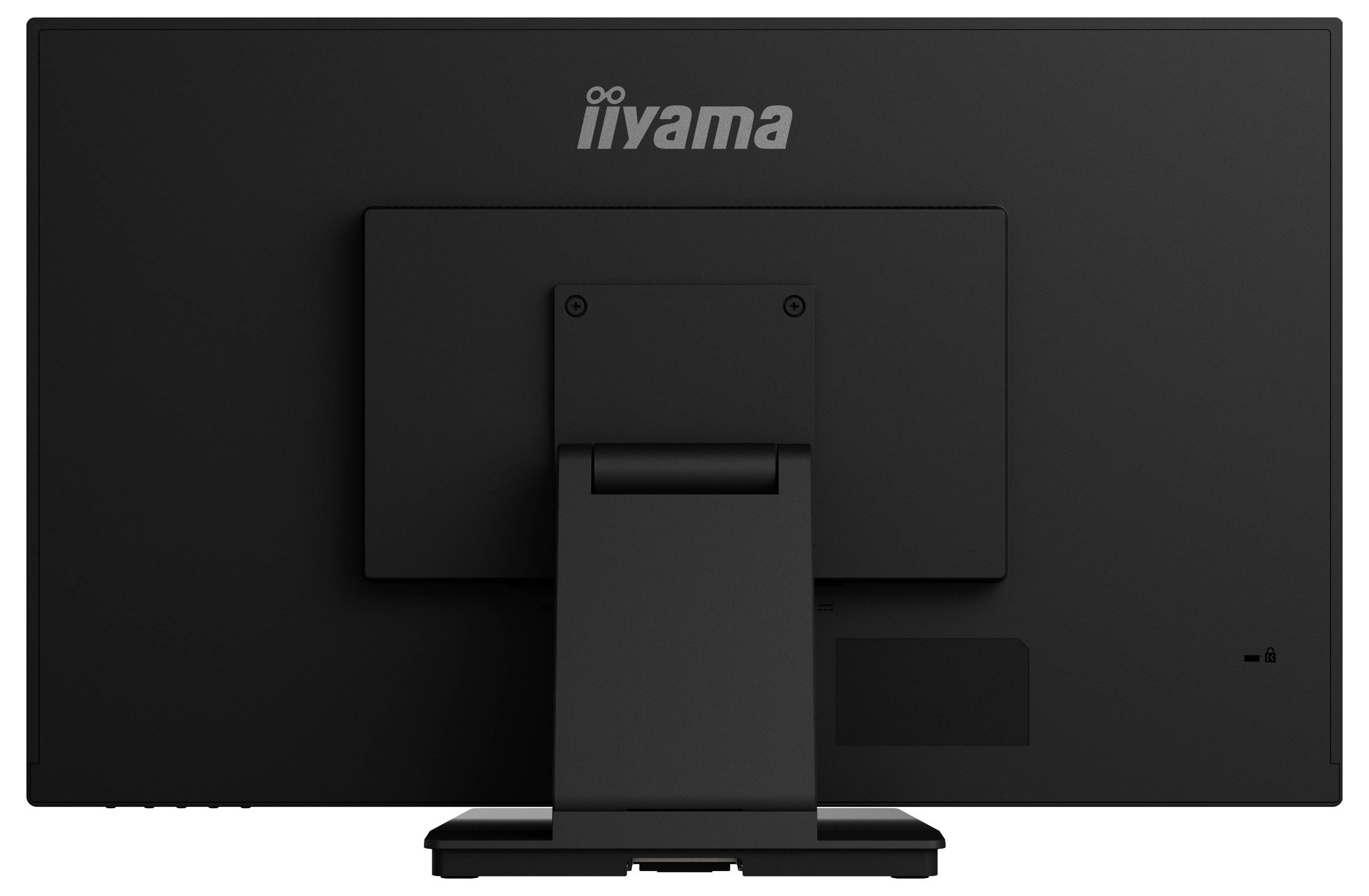 Rückansicht eines schwarzen iiyama-Computermonitors mit Ständer und Markenlogo.