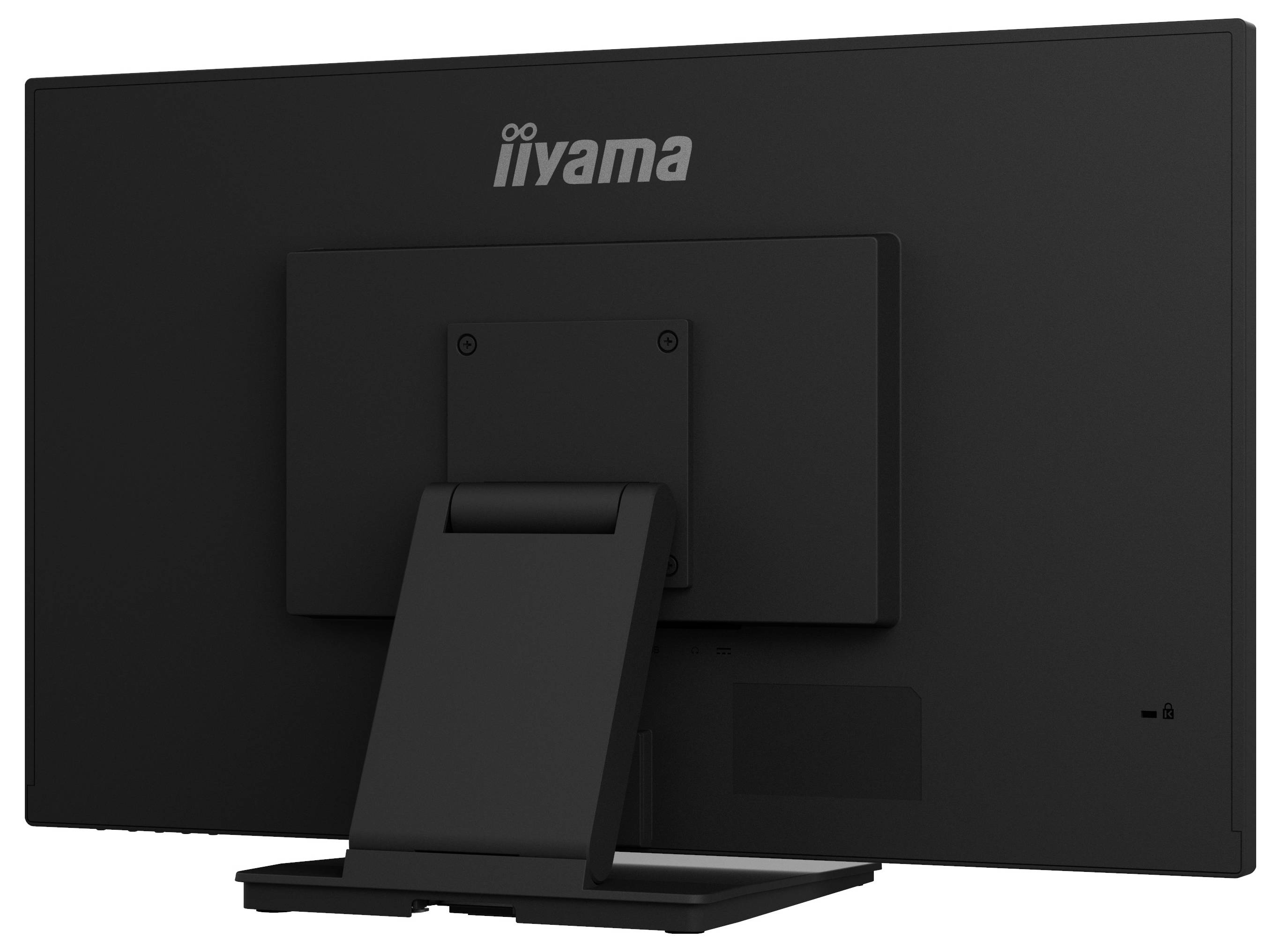 Ein schwarzer Computermonitor von hinten betrachtet, der das Markenlogo „iiyama