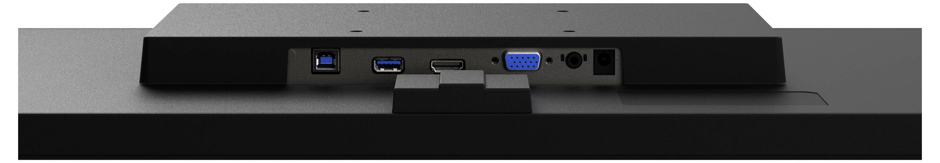 Rückansicht eines Monitors mit USB-, HDMI-, VGA- und Stromversorgungsanschlüssen.