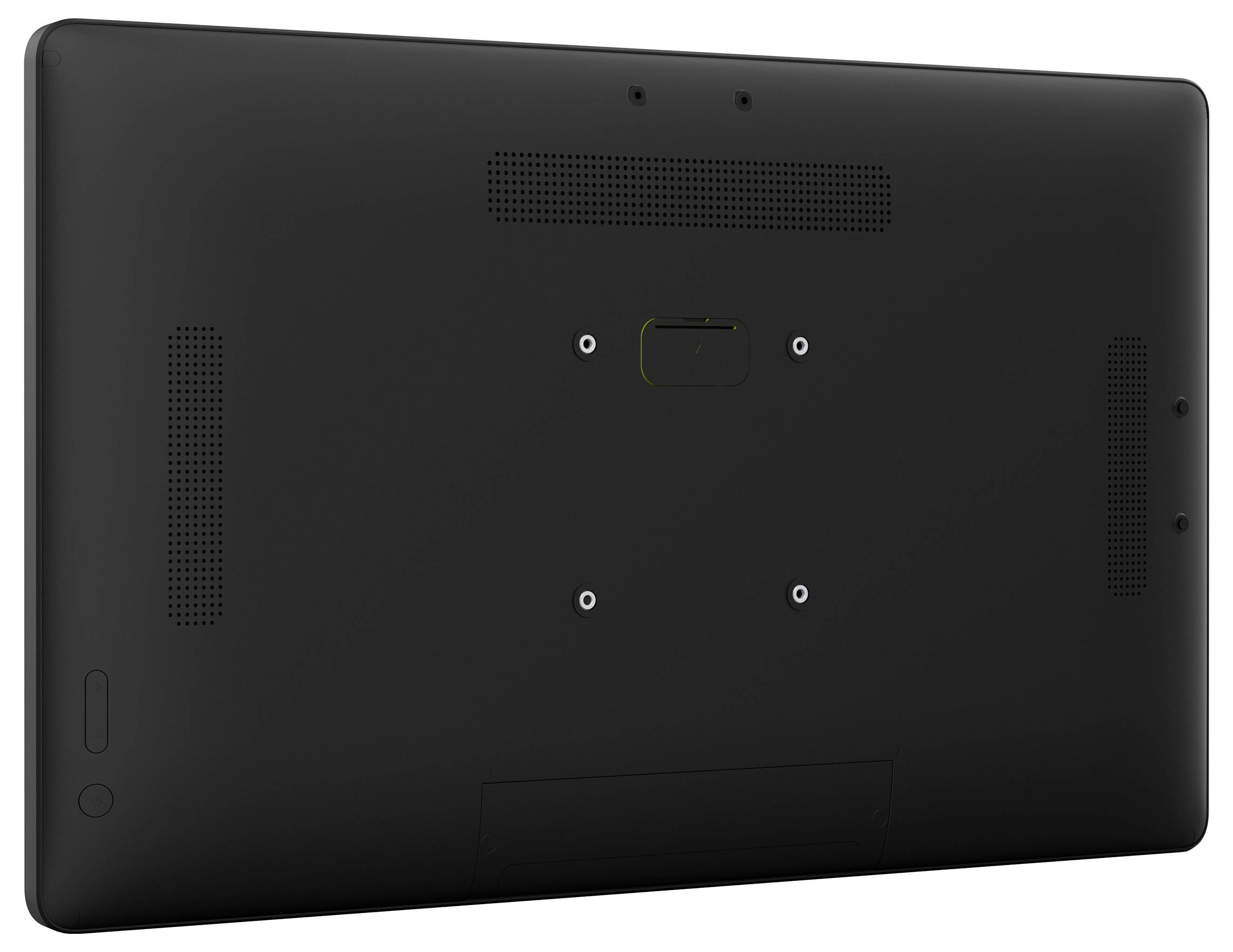 Das Bild zeigt die Rückansicht eines schwarzen, eleganten, flachen elektronischen Geräts mit sichtbaren Lautsprechergittern und Befestigungspunkten.