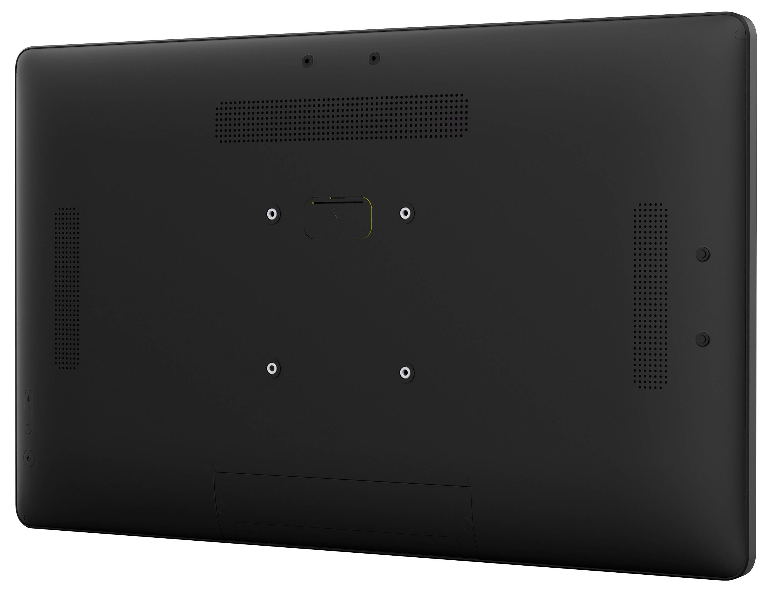 Das Bild zeigt die Rückansicht eines großen Flachbildschirm-Monitors mit einer matter schwarzen Oberfläche und mehreren kreisförmigen Lüftungslöchern.