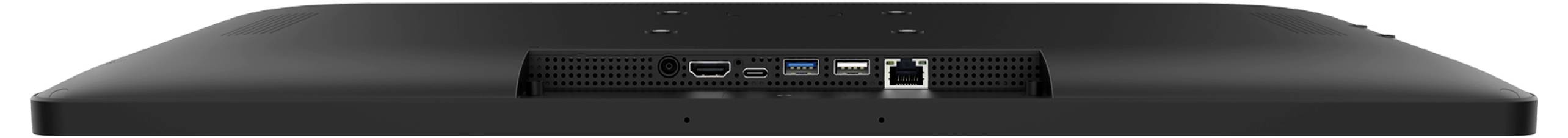 Rückansicht eines Monitors mit sichtbaren Anschlüssen: HDMI-, VGA-, USB- und Ethernet-Anschlüsse in der Mitte des Panels.