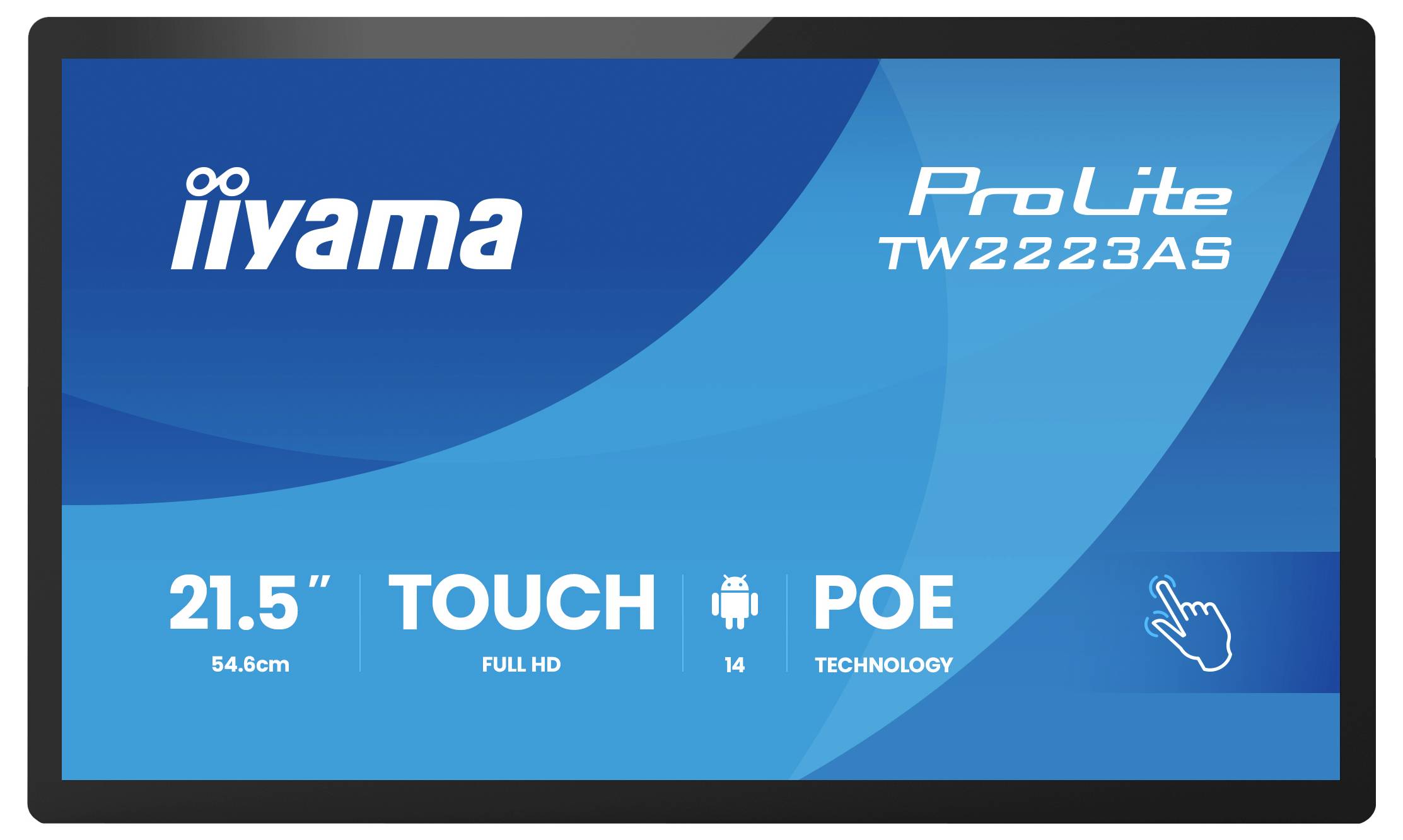 Iiyama ProLite Touchscreen-Monitor, Modell TW2223AS, 21,5 Zoll, Full HD, mit POE-Technologie, blauem Hintergrund und Logo.
