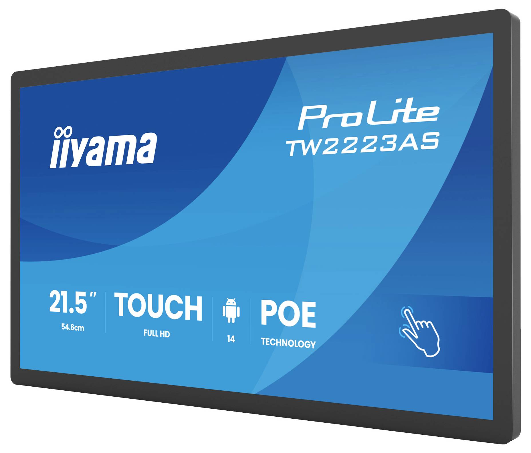 'iiyama ProLite TW2223AS' Bildschirm mit folgenden Funktionen: 21,5 Zoll, Full HD, Touchfunktion, Android-Betriebssystem und POE-Technologie.