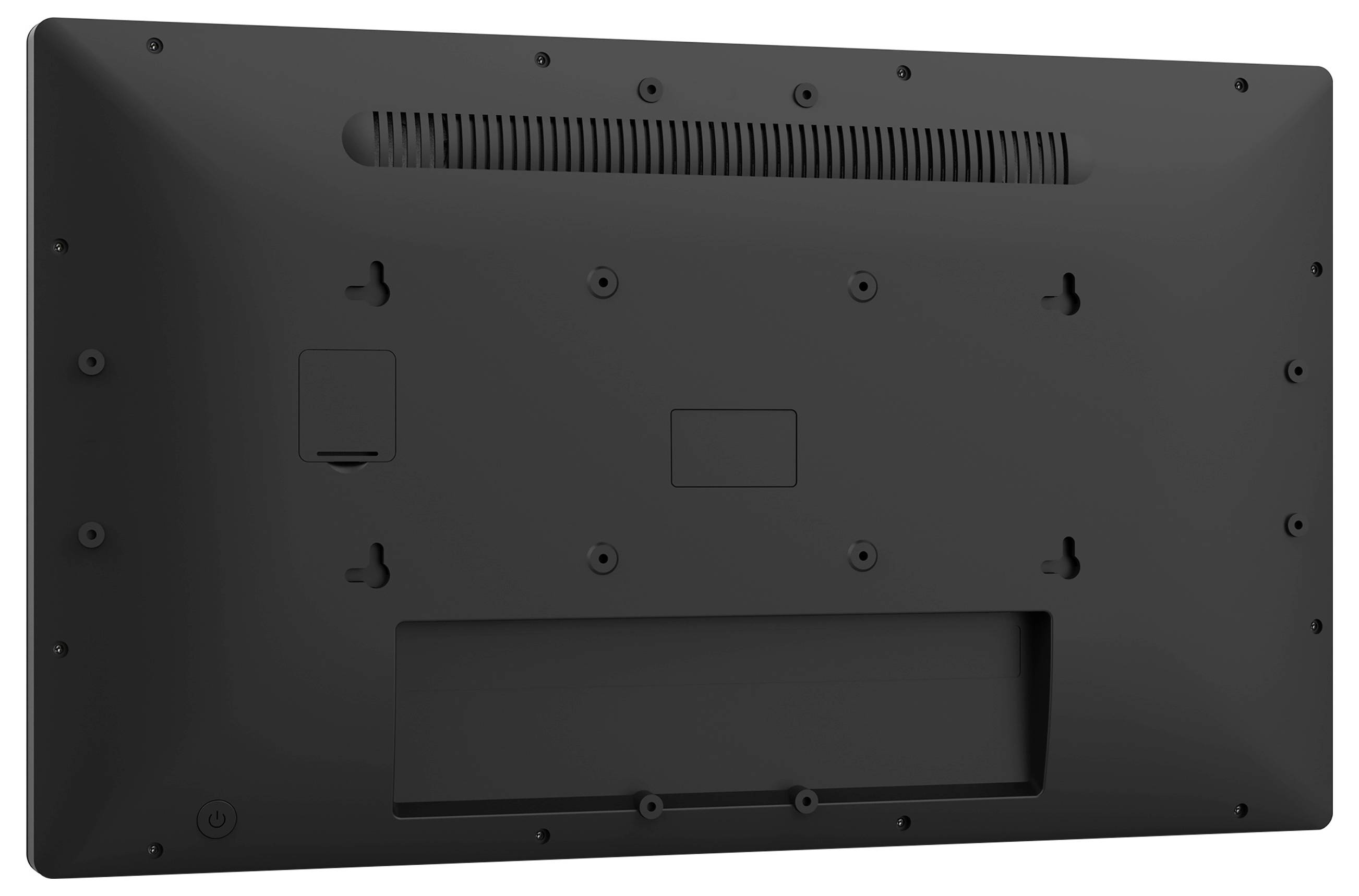 Rückansicht eines Flachbildfernsehers mit Befestigungslöchern und Lüftungsschlitzen, ohne sichtbare Markierungen oder Anschlüsse.