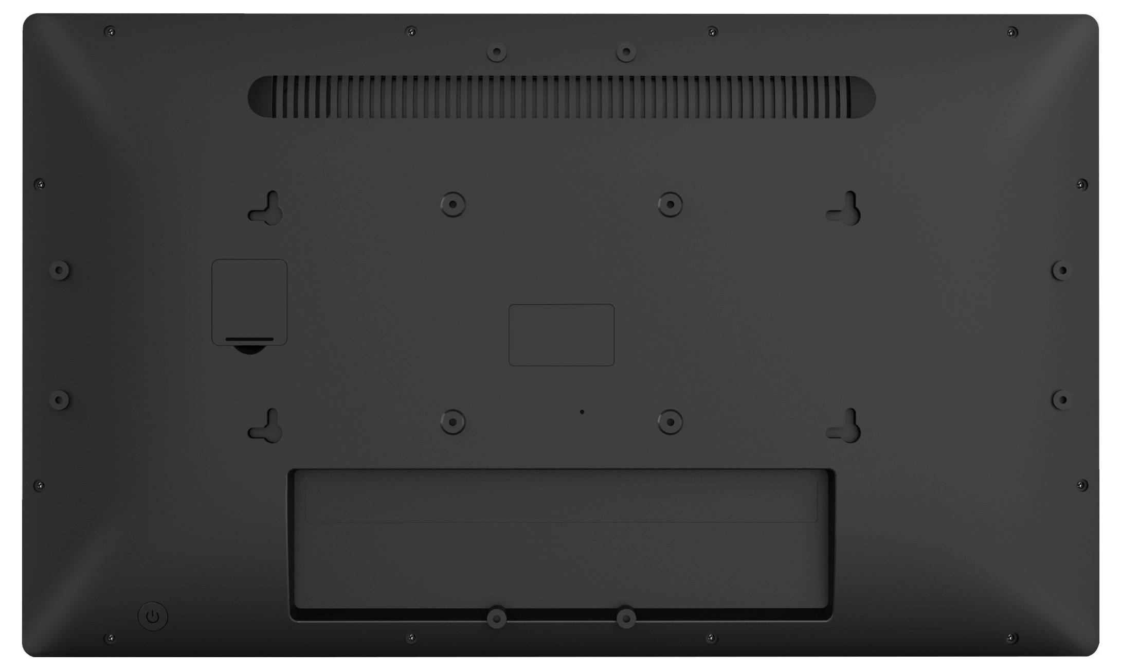 Das Bild zeigt die Rückseite eines Flachbildfernsehers mit einer Lüftungsöffnung, Befestigungslöchern und Abdeckungen für Anschlüsse, die für die Wandmontage ausgelegt sind.