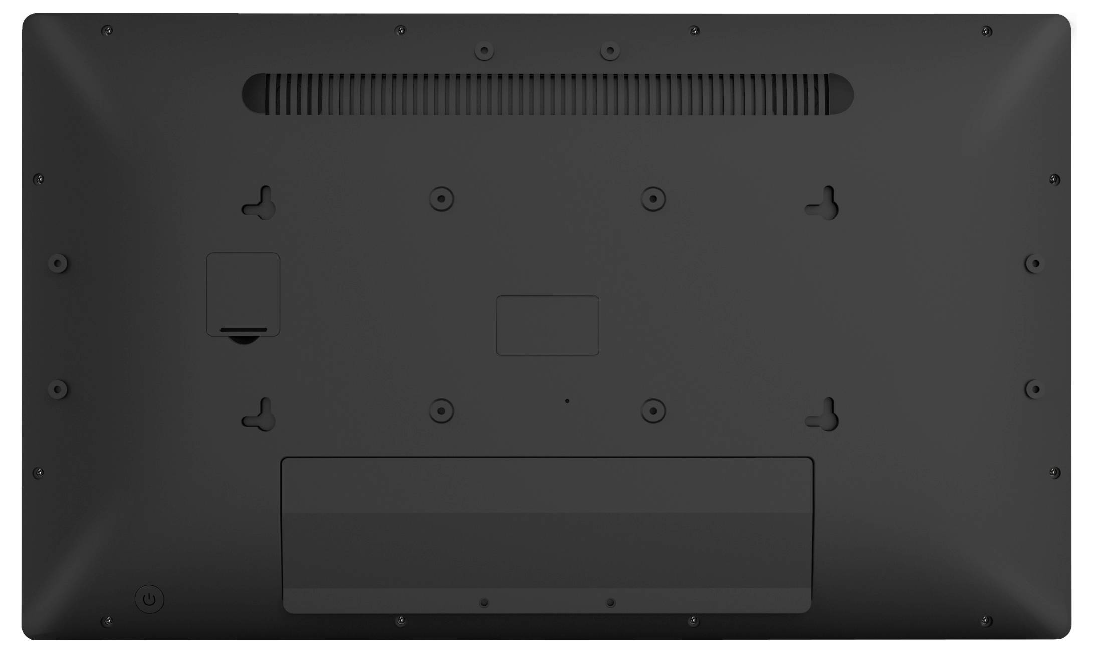 Das Bild zeigt die Rückansicht eines schwarzen Fernsehers oder Monitors mit verschiedenen Schraubenlöchern und einem Belüftungsgitter oben.