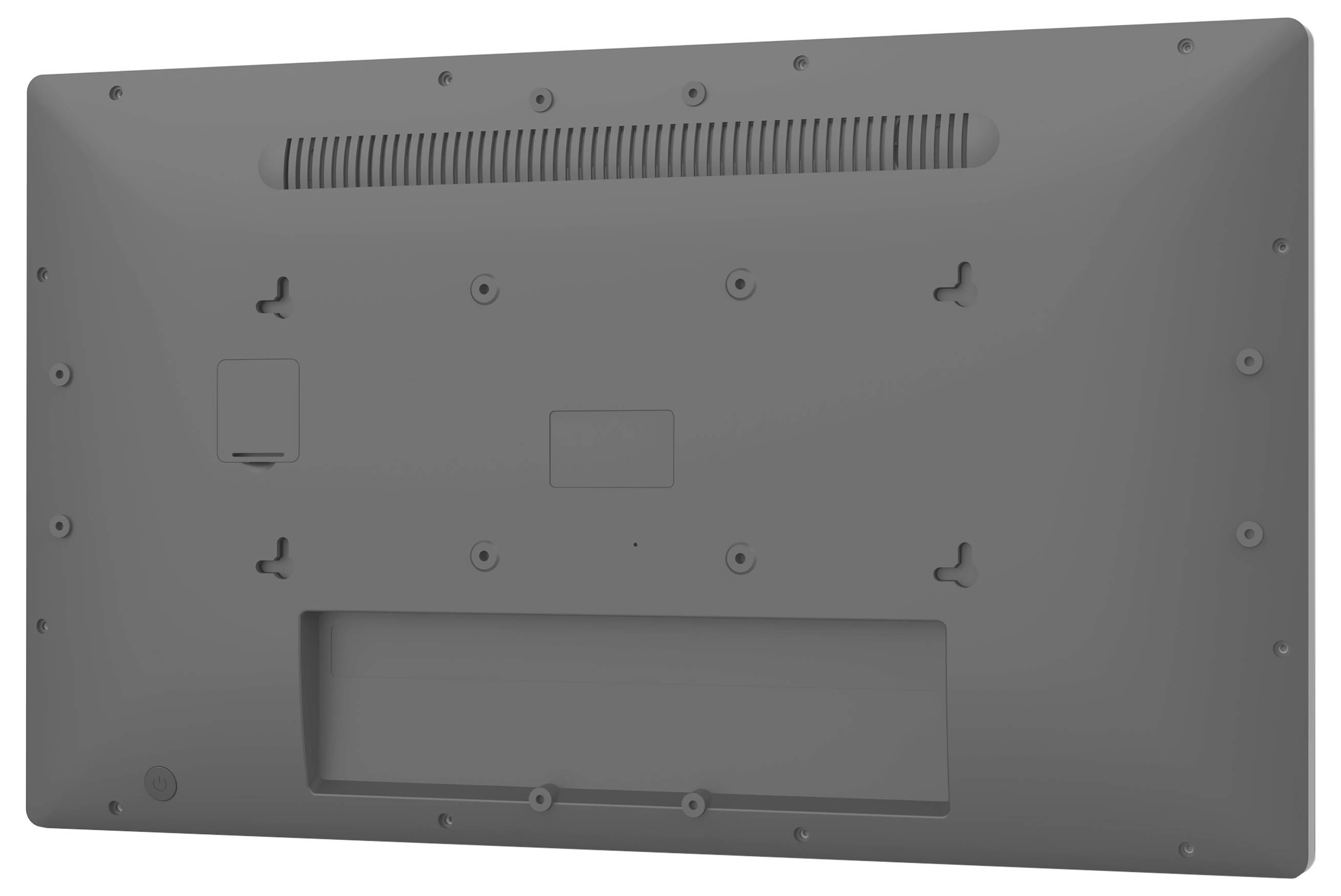 Das Bild zeigt die Rückseite eines Flachbildfernsehers mit verschiedenen Befestigungslöchern, Schraubenschlitzen und einer Lüftungsöffnung oben.