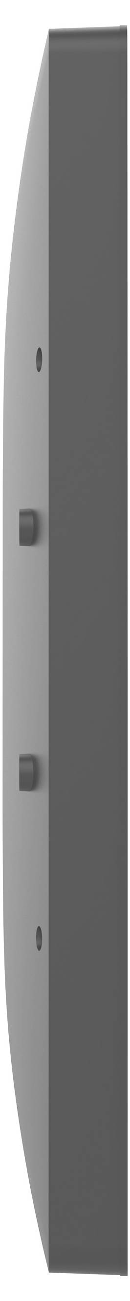 Ein hohles, rechteckiges, graues Objekt mit zwei hervorstehenden Stiften auf einer Seite, von einer Seitenansicht betrachtet.