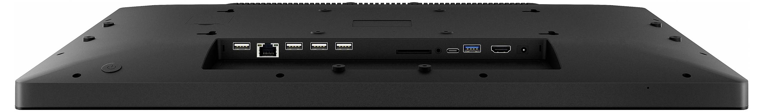 Rückansicht eines Monitors mit mehreren Konnektivitätsanschlüssen, darunter USB, HDMI, Ethernet und Audioanschlüsse.