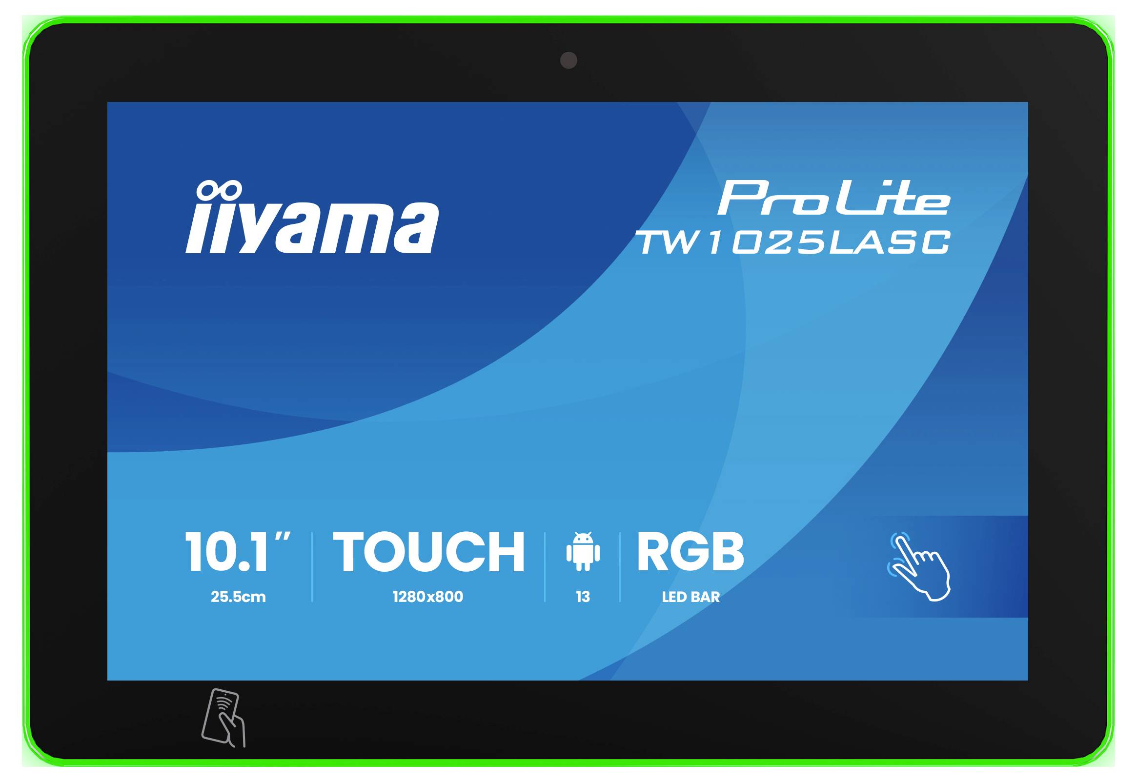'Iiyama ProLite TW1025LASG' Tablet-Bildschirm mit Displaygröße '10,1" 25,6cm', Auflösung '1280x800', Touch-Funktion und RGB-LED-Balken.
