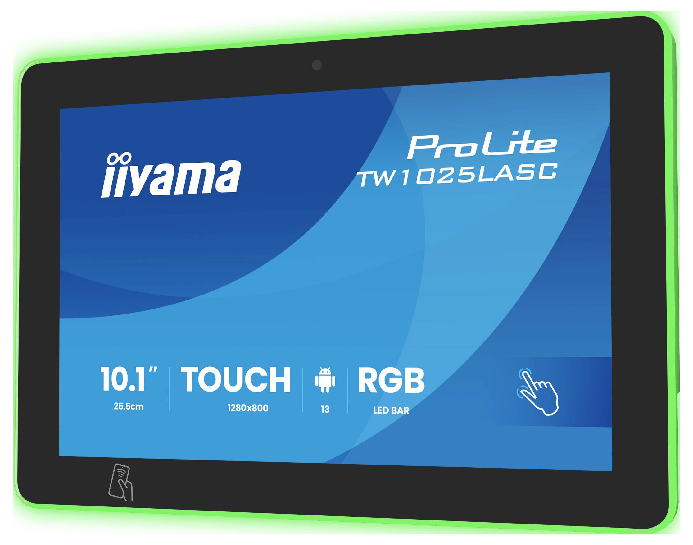 Tablet-Bildschirm mit Anzeige "iiyama ProLite TW1025LASC" mit Funktionen: 10,1"-Display, 1280x800-Auflösung, Android, RGB-LED-Leiste.