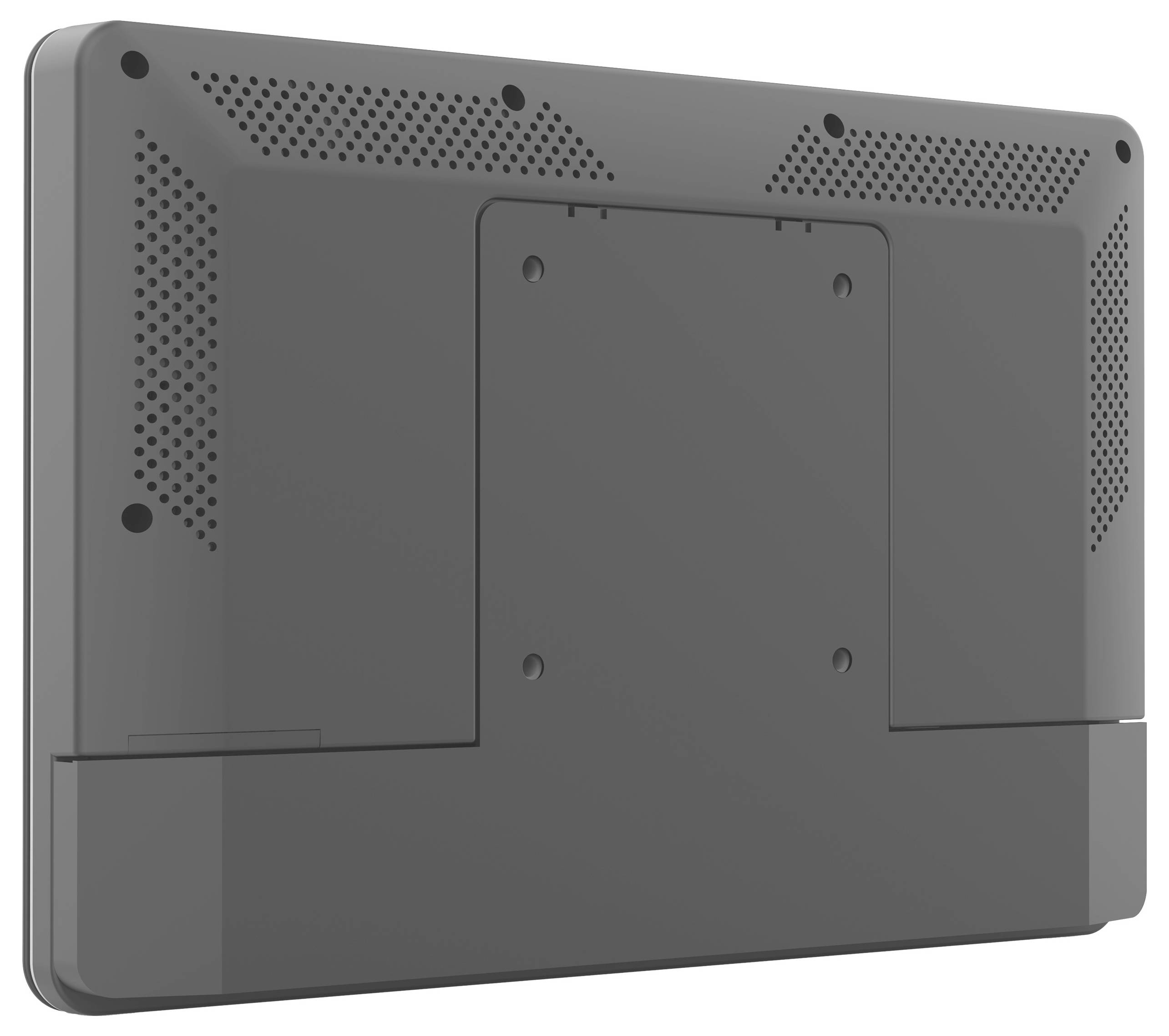 Rückansicht eines rechteckigen elektronischen Geräts mit perforierten Abschnitten zur Belüftung. Keine sichtbaren Anschlüsse oder Tasten. Scheint an einer Oberfläche montiert zu werden.