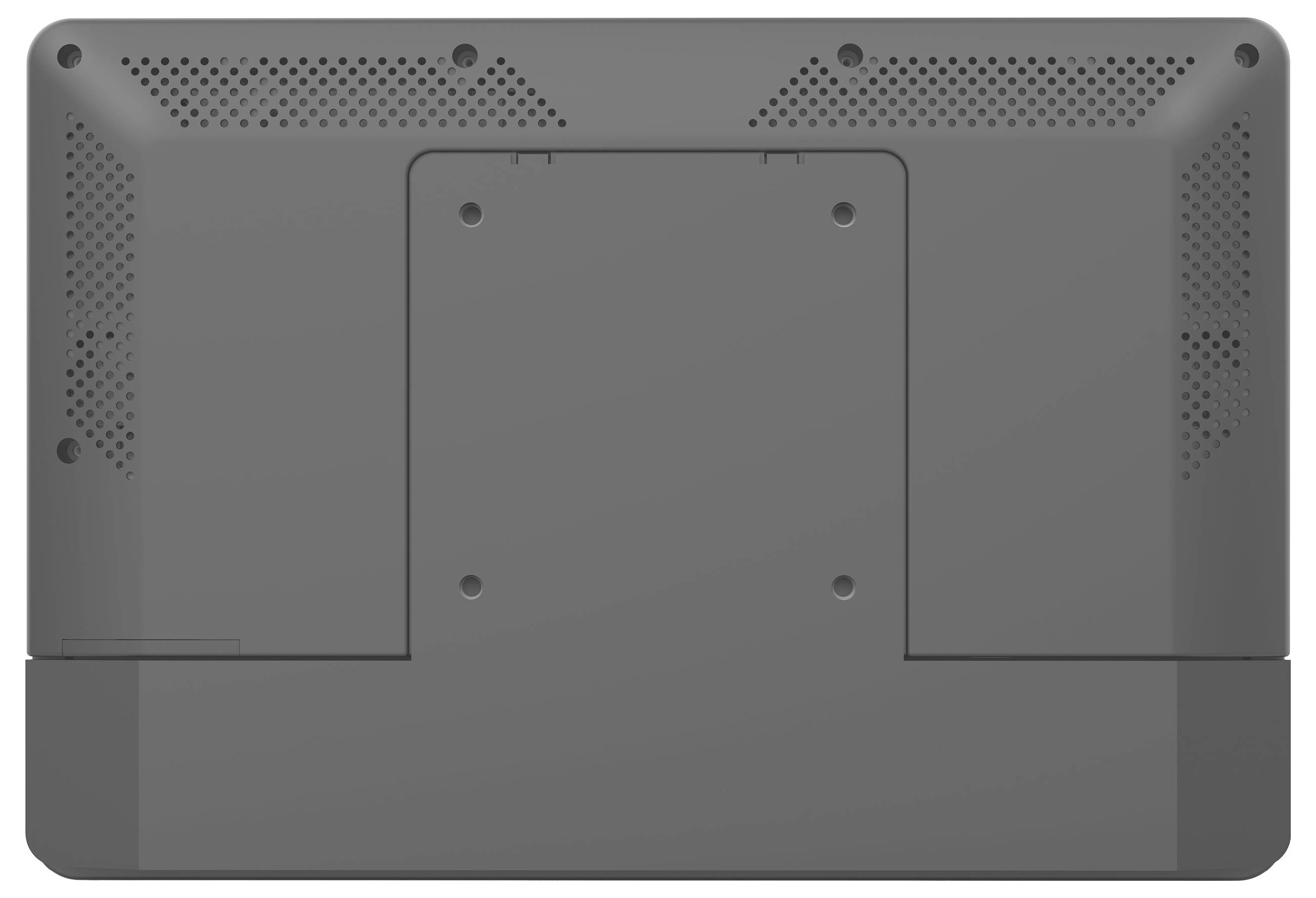 Das Bild zeigt die Unteransicht eines Laptops mit Schraubenplatzierungen und Lüftungsöffnungen auf einer dunklen, flachen Oberfläche.