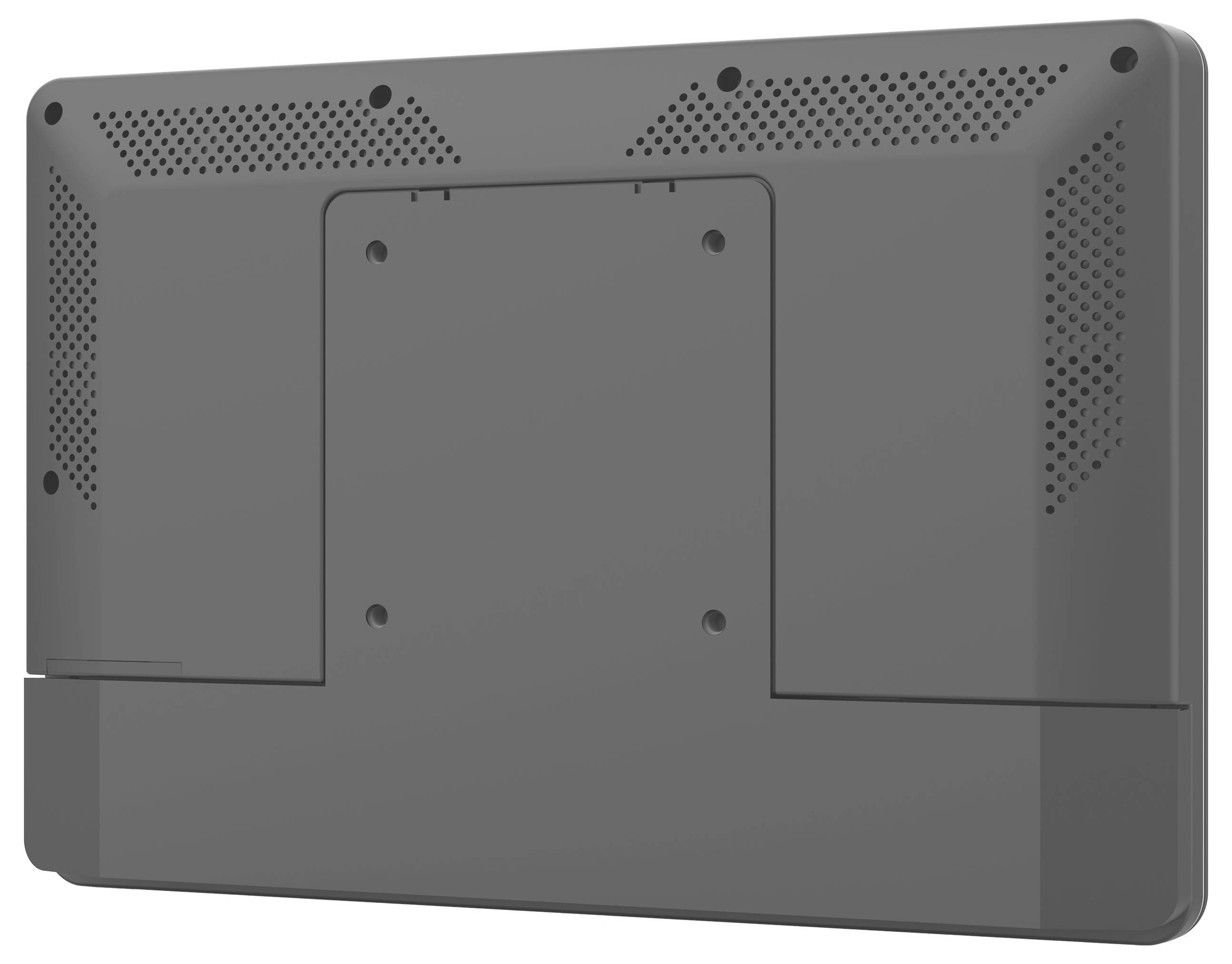 Rückansicht eines grauen elektronischen Geräts mit Belüftungslöchern und einem zentralen Befestigungspanel für die Wandmontage.