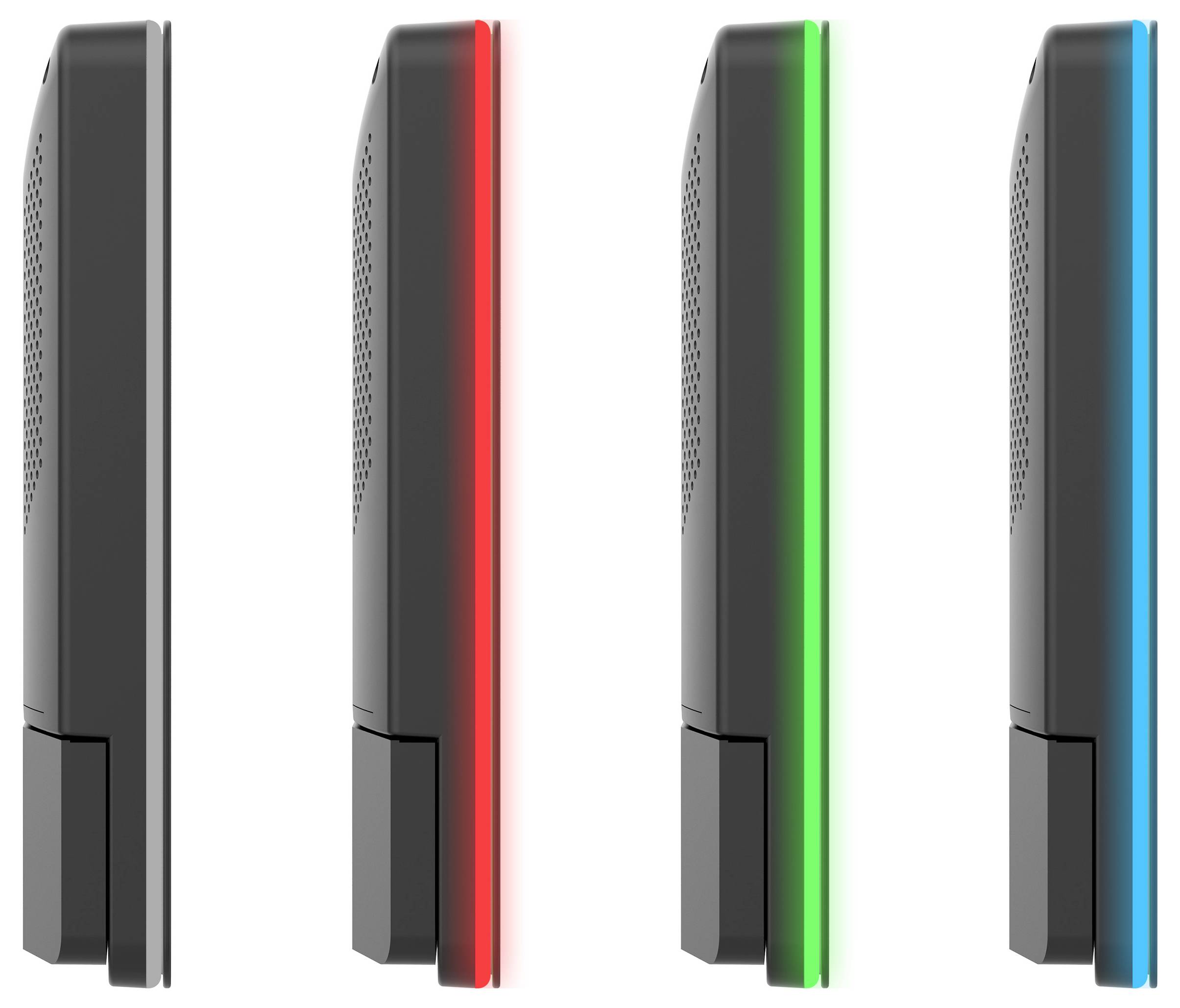 Vier Geräte mit beleuchteten Kanten in Rot, Grün und Blau, was auf Anzeigelichter oder Statussignale hindeutet.