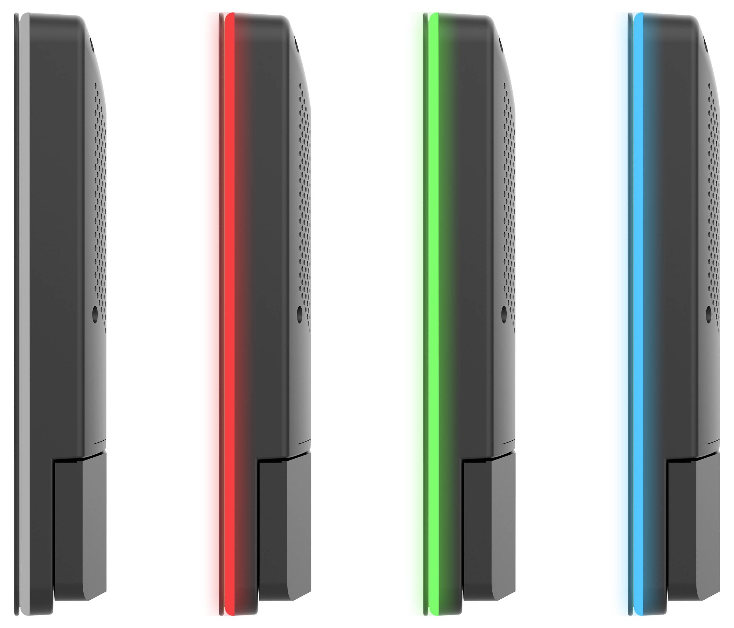 Vier vertikale rechteckige Geräte in einer Reihe, jedes mit einer anderen LED-Farbe an der Seite: rot, grün und blau von links nach rechts.