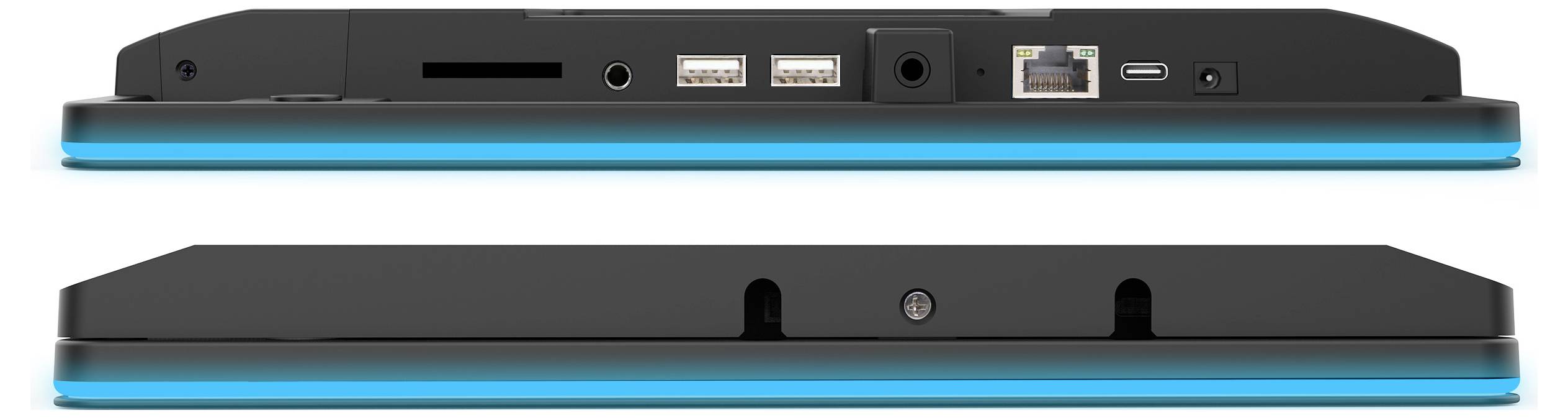 Zwei Ansichten eines schwarzen elektronischen Geräts: Vorderansicht mit leuchtender blauer Umrandung und Rückansicht mit Anschlüssen einschließlich USB, Ethernet und Ladeanschluss.