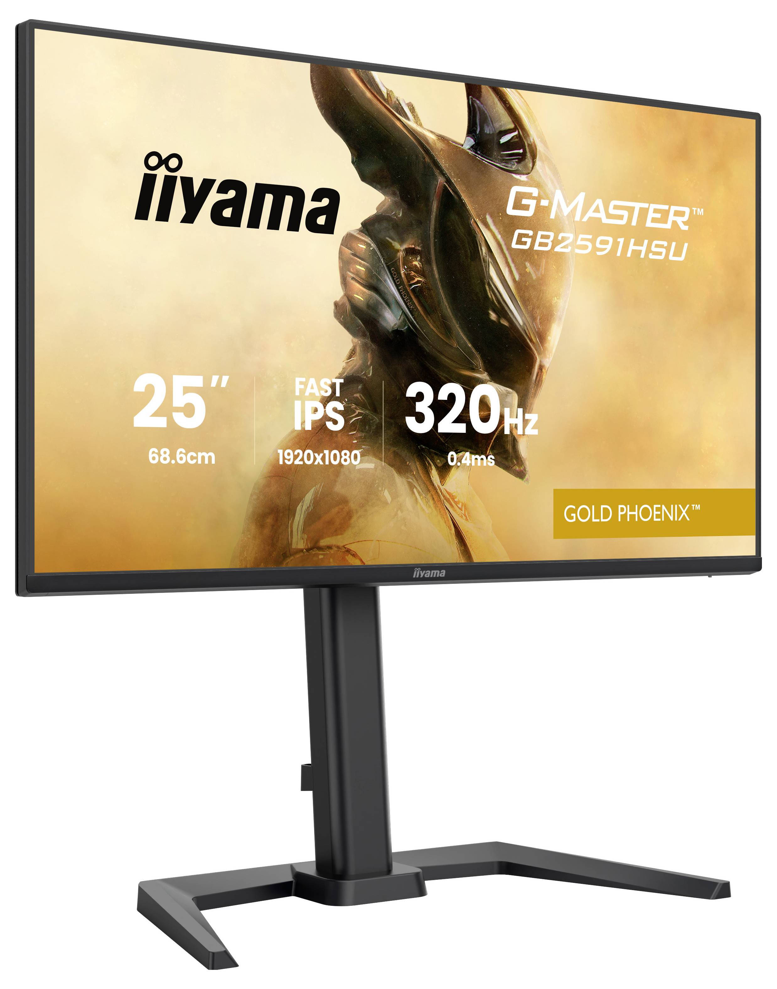 Ein Computermonitor zeigt das Bild einer futuristischen Figur mit Helm. Text auf dem Bildschirm: „iiyama G-Master GB2591HSU, 25