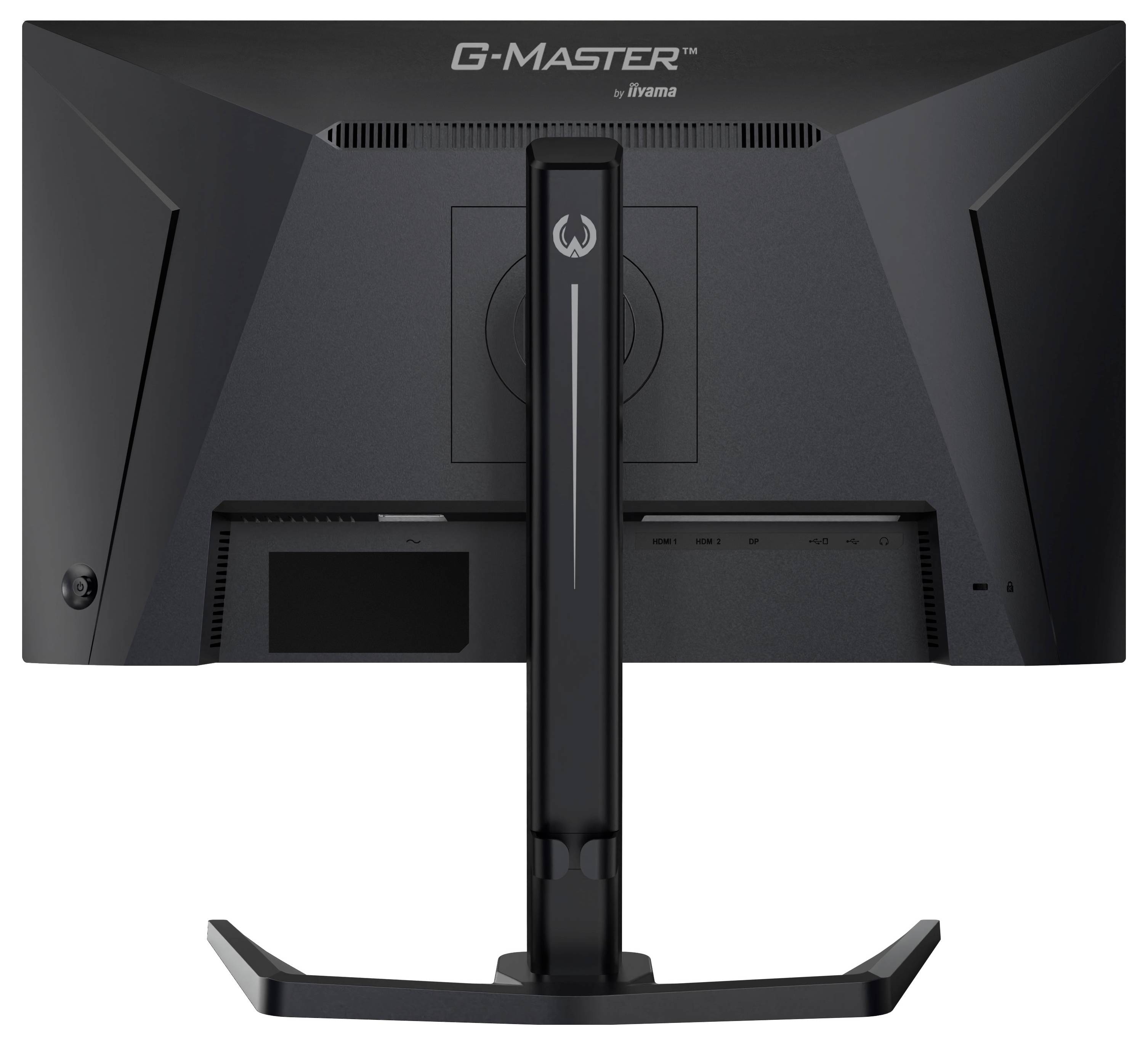 Ein schwarzer Gaming-Monitor von hinten betrachtet, mit einem zentralen Ständer und Anschlüssen darunter.