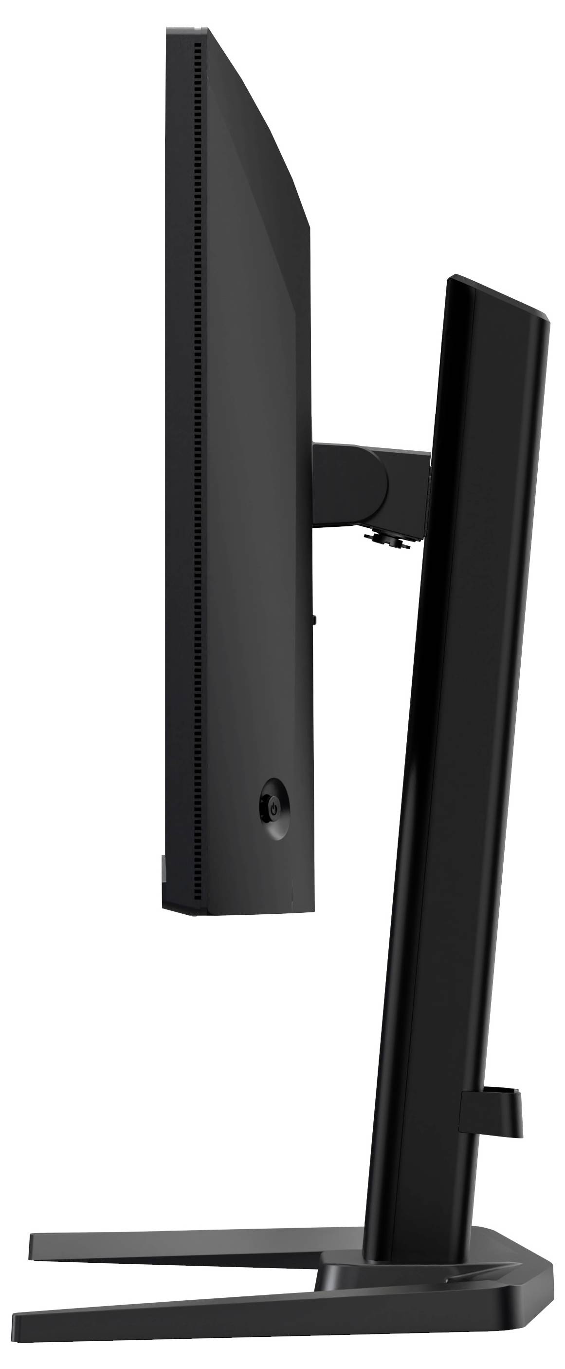 Ein schlanker, schwarzer Computermonitor von der Seite betrachtet, der sein dünnes Profil und sein Ständerdesign zeigt.