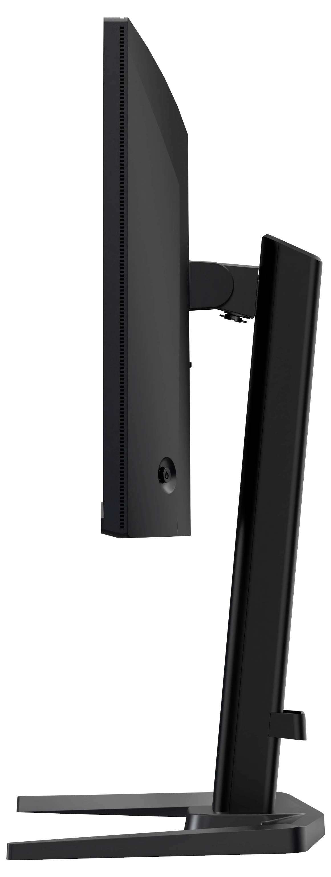 Seitenansicht eines eleganten, modernen Computermonitors mit schmalem schwarzem Rahmen, verstellbarem Ständer und minimalistischem Design.