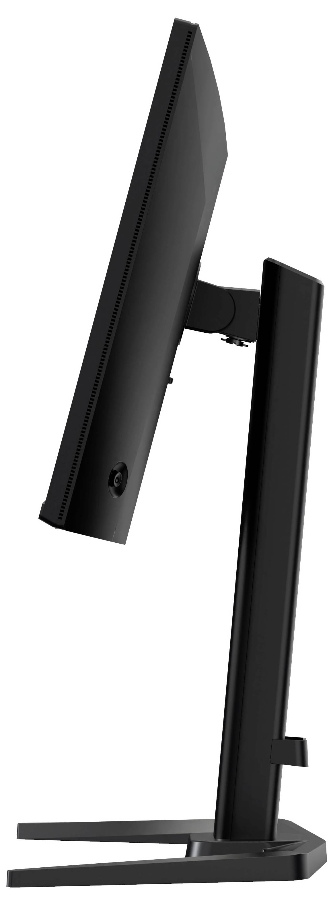 Schlanker schwarzer Computermonitor in Seitenansicht, mit schlankem Profil und verstellbarem Ständer.